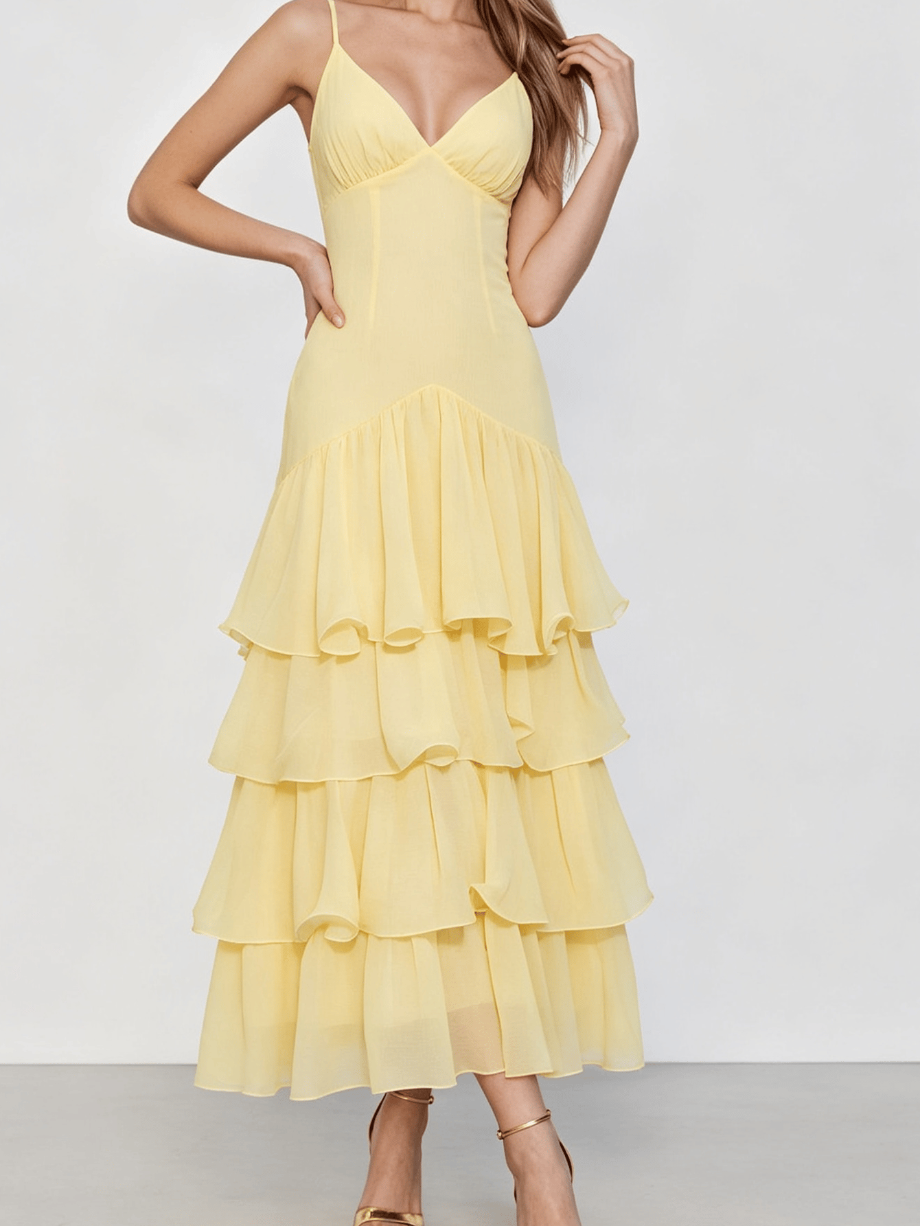 Light Yellow Thin Strap Ruffle Party Maxi Dress