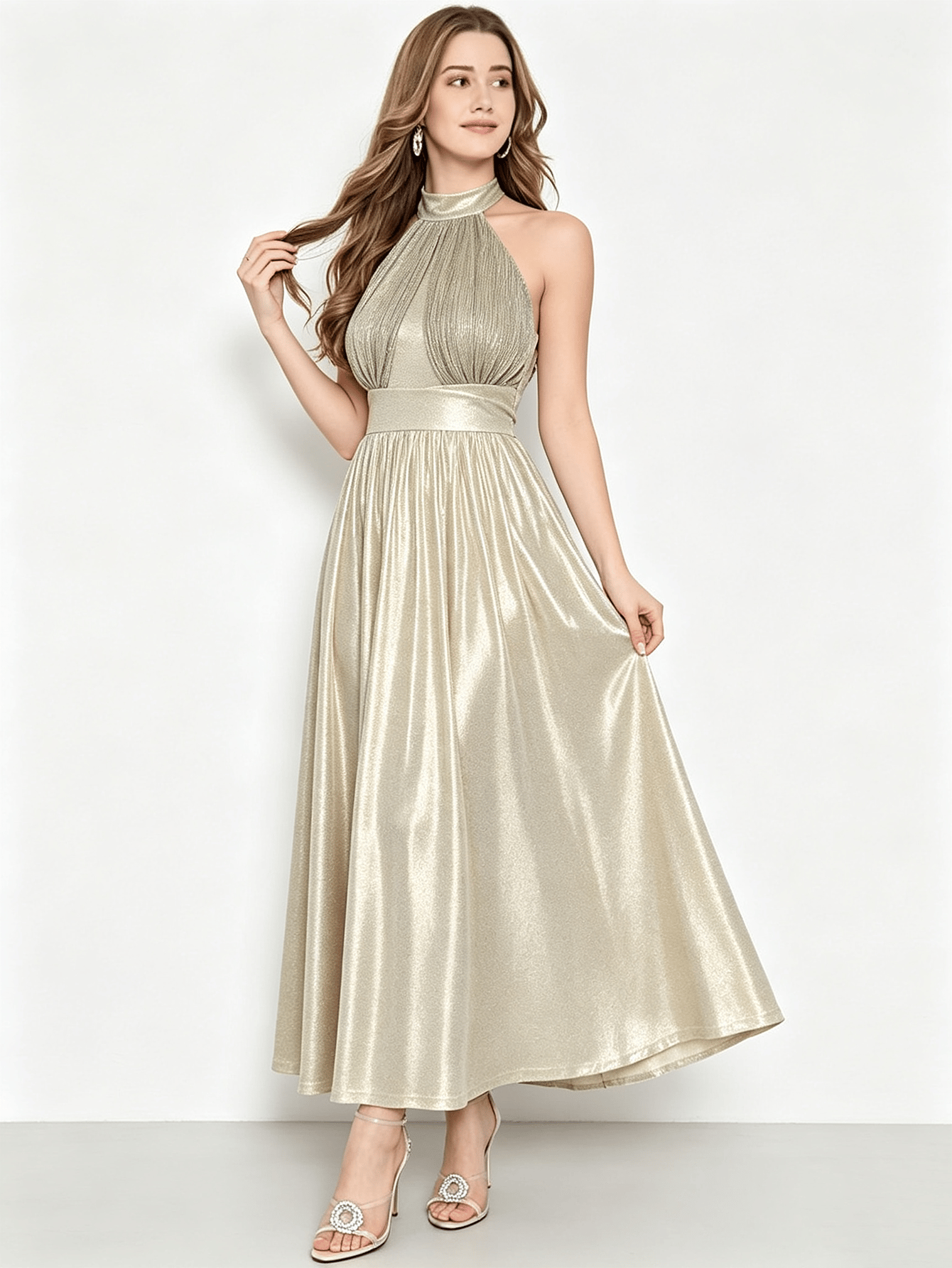 Champagne Gold Halter Neck Sequin Evening Maxi Dress