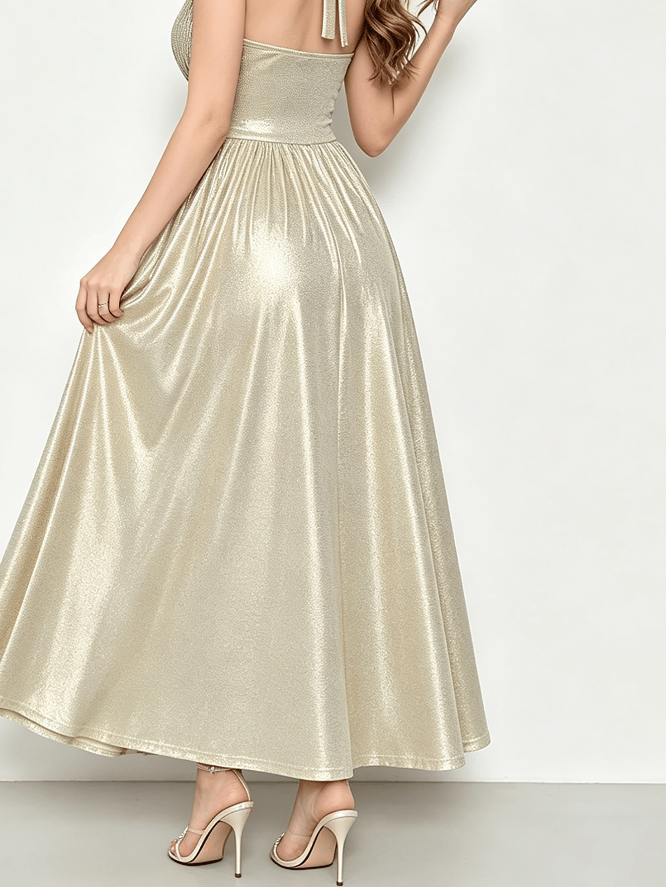Champagne Gold Halter Neck Sequin Evening Maxi Dress