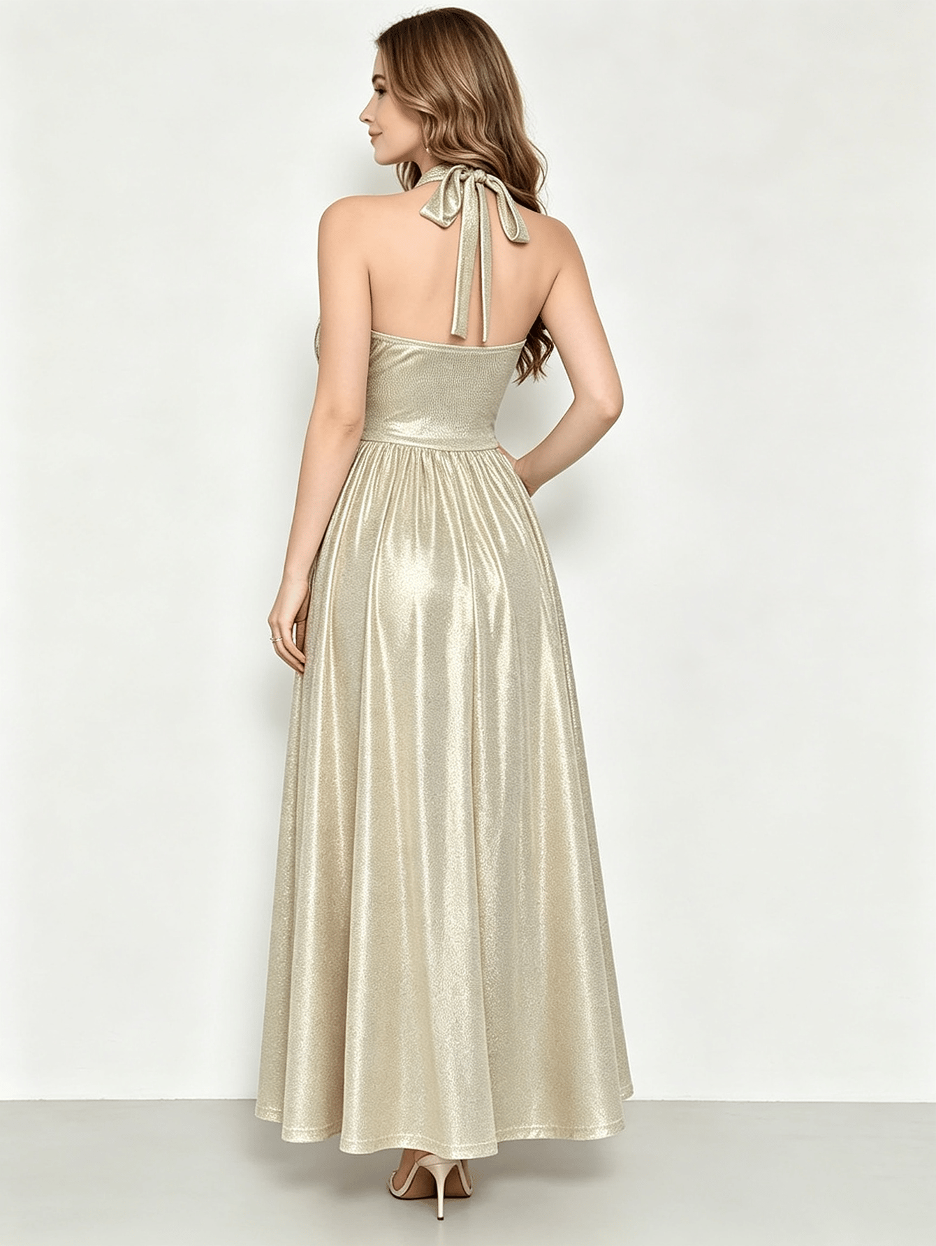 Champagne Gold Halter Neck Sequin Evening Maxi Dress