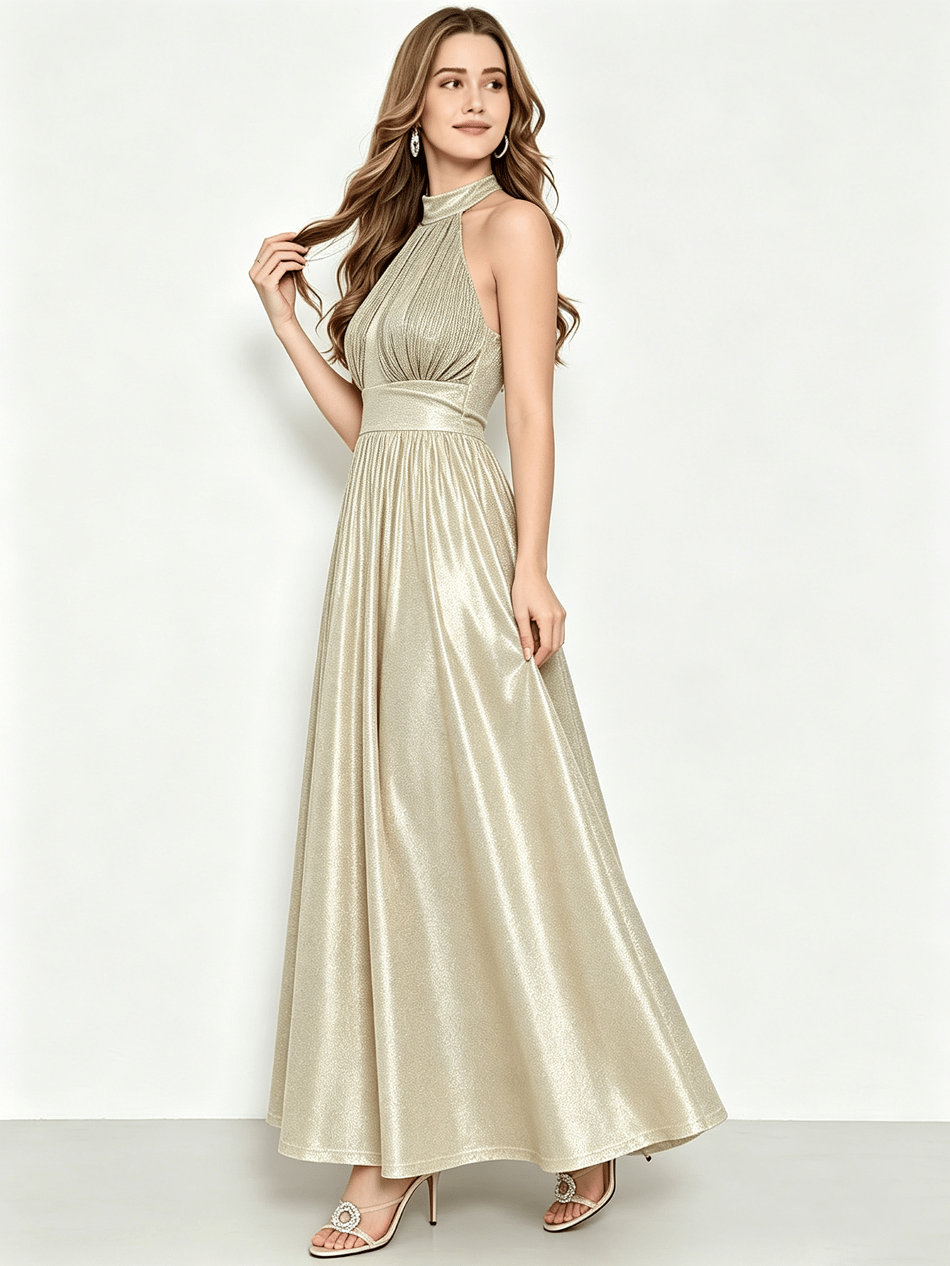 Champagne Gold Halter Neck Sequin Evening Maxi Dress