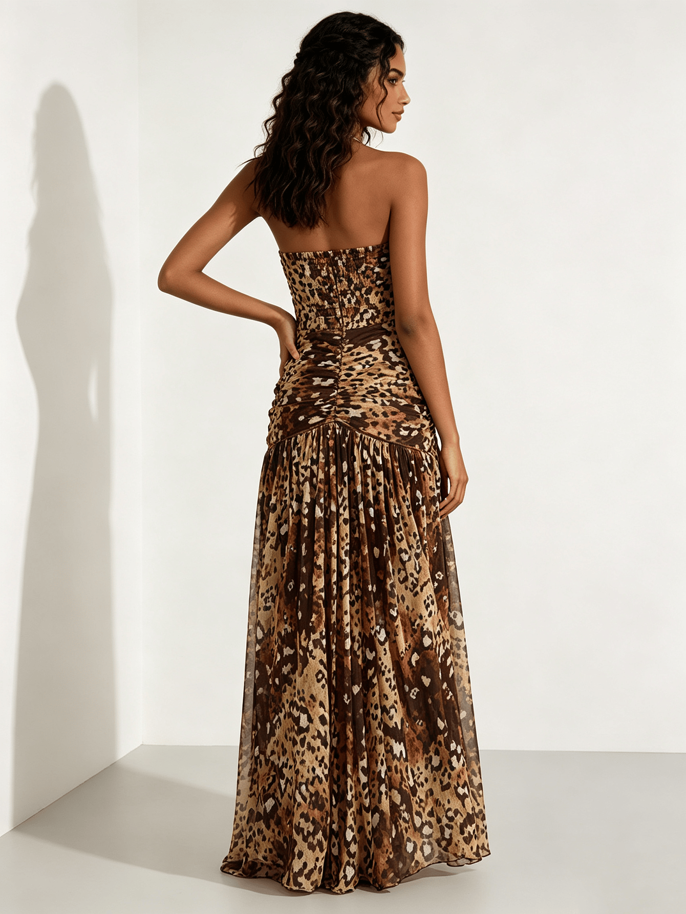 Leopard Print Strapless Slit Detail Maxi Dress
