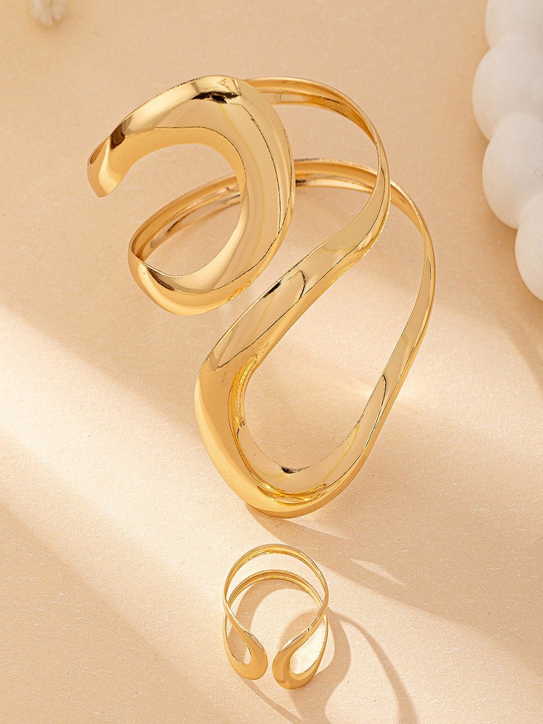 Gold Tone Twisted Open Bangle and Ring Set
