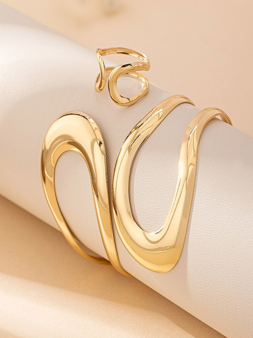Gold Tone Twisted Open Bangle and Ring Set