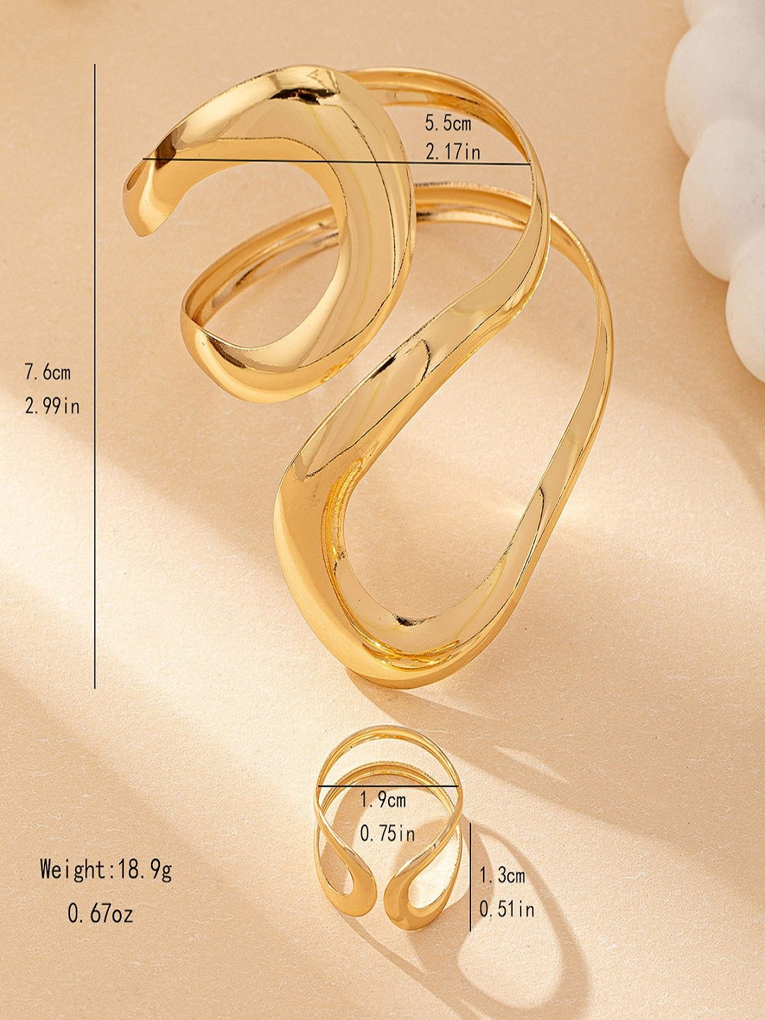 Gold Tone Twisted Open Bangle and Ring Set