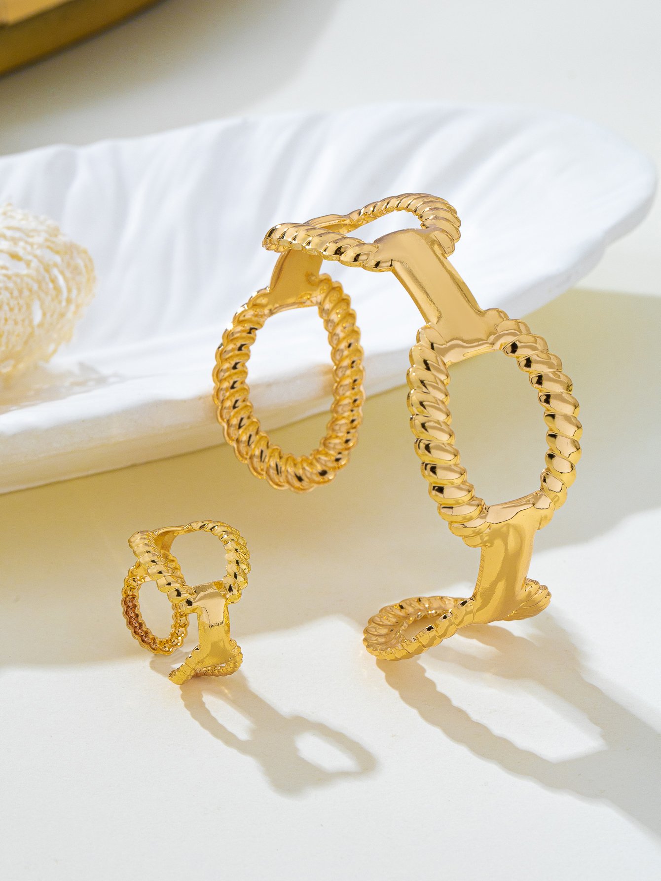 Gold Tone Twist Oval Hollow Bracelet and Ring Set