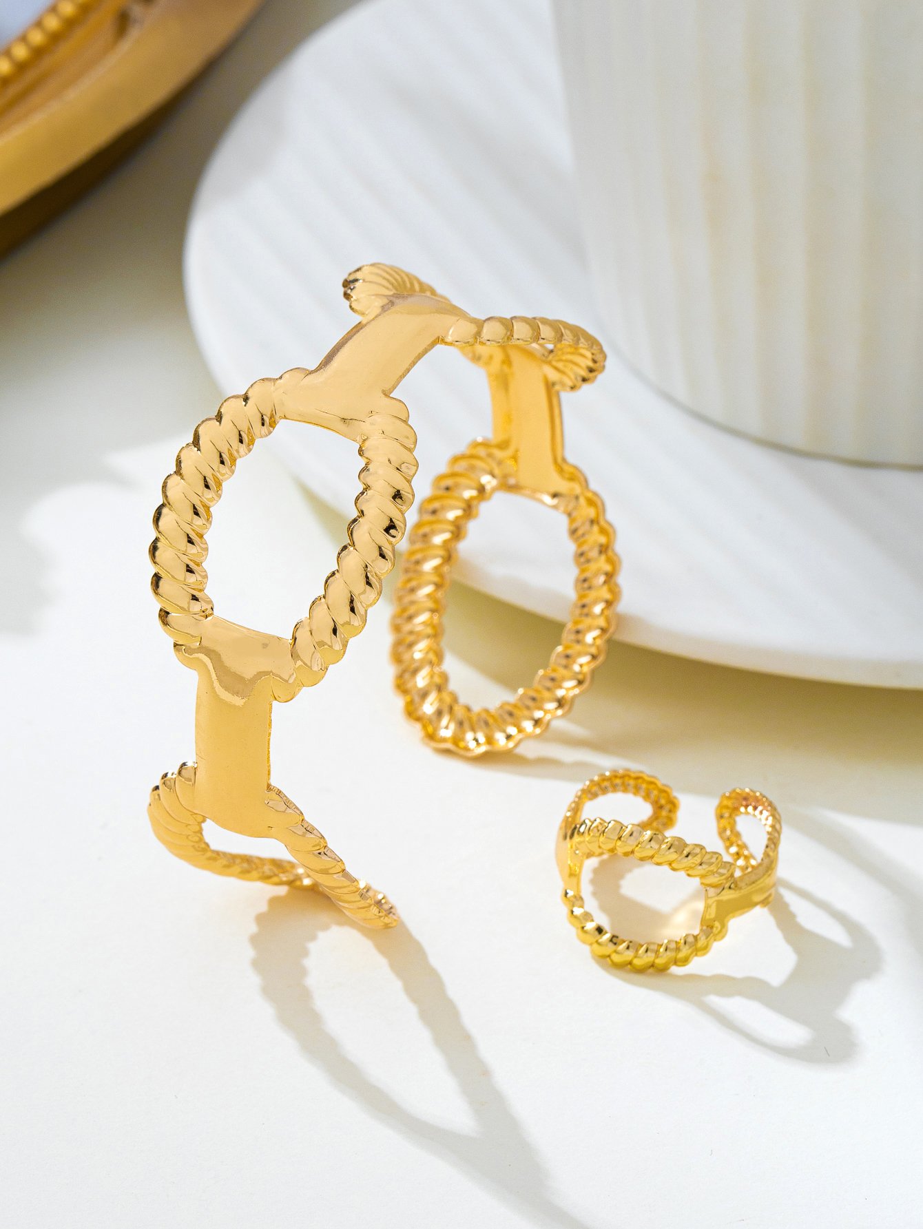 Gold Tone Twist Oval Hollow Bracelet and Ring Set