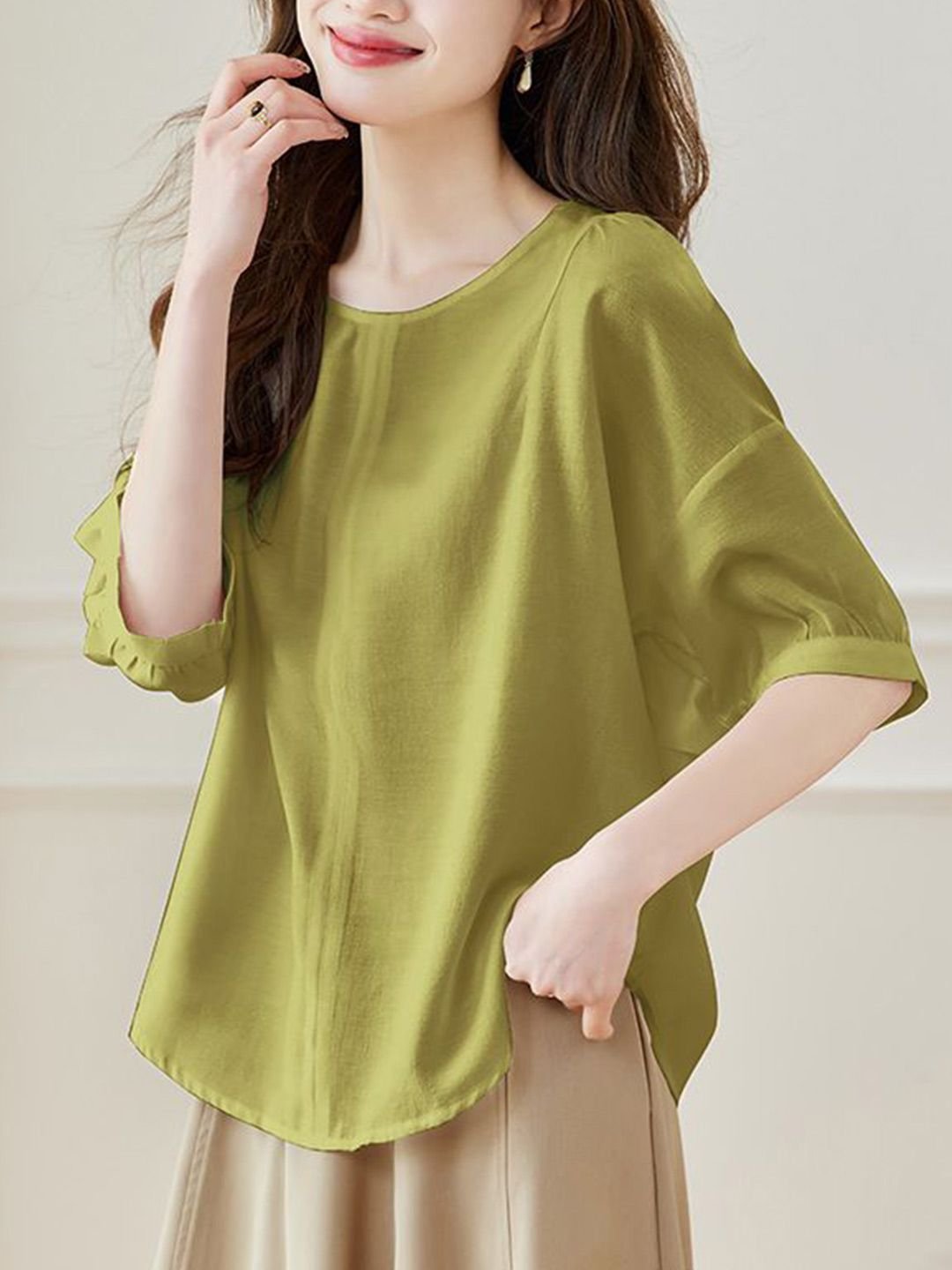 Olive Green 3/4 Sleeve Round Neck Blouse