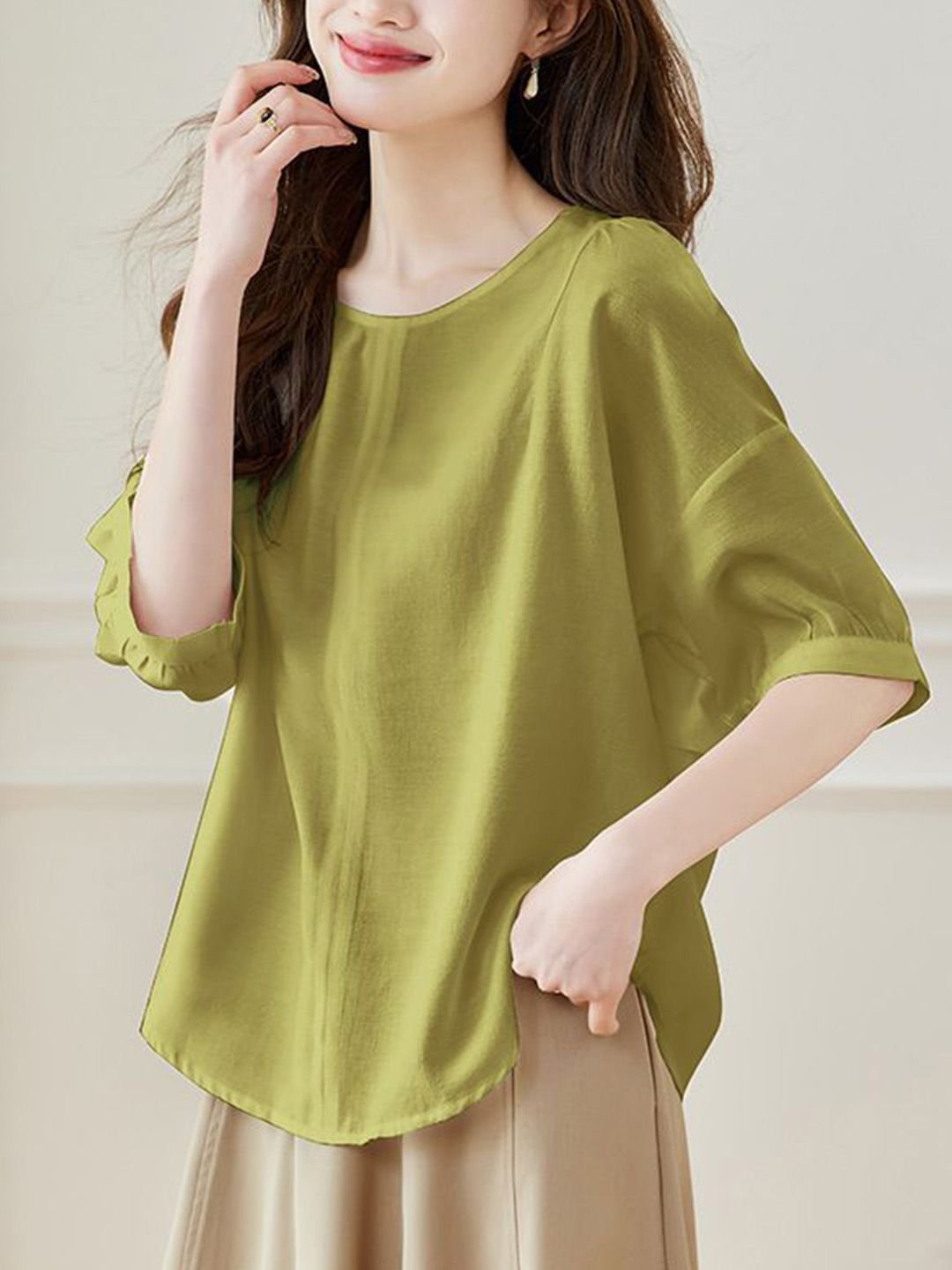 Olive Green 3/4 Sleeve Round Neck Blouse