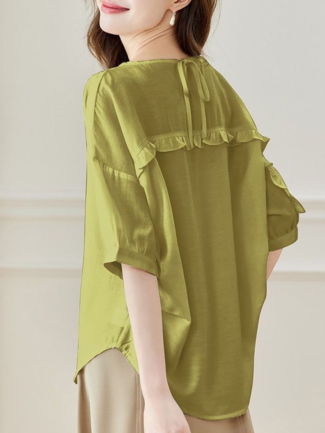 Olive Green 3/4 Sleeve Round Neck Blouse