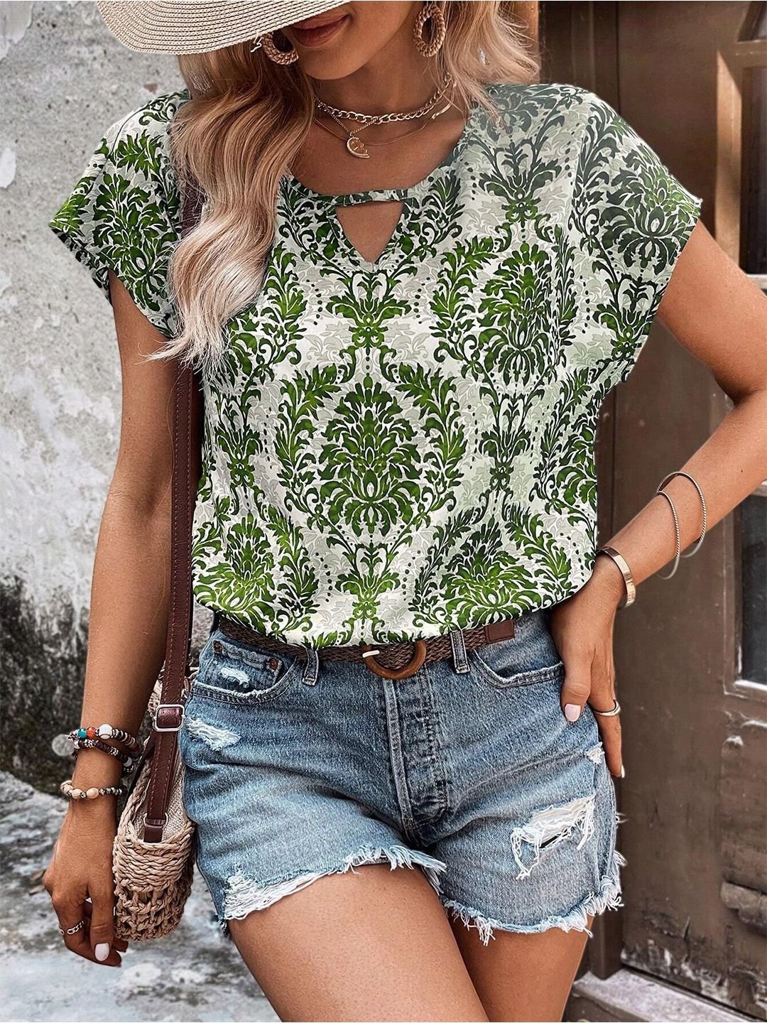 Green Damask Print Short Sleeve Blouse