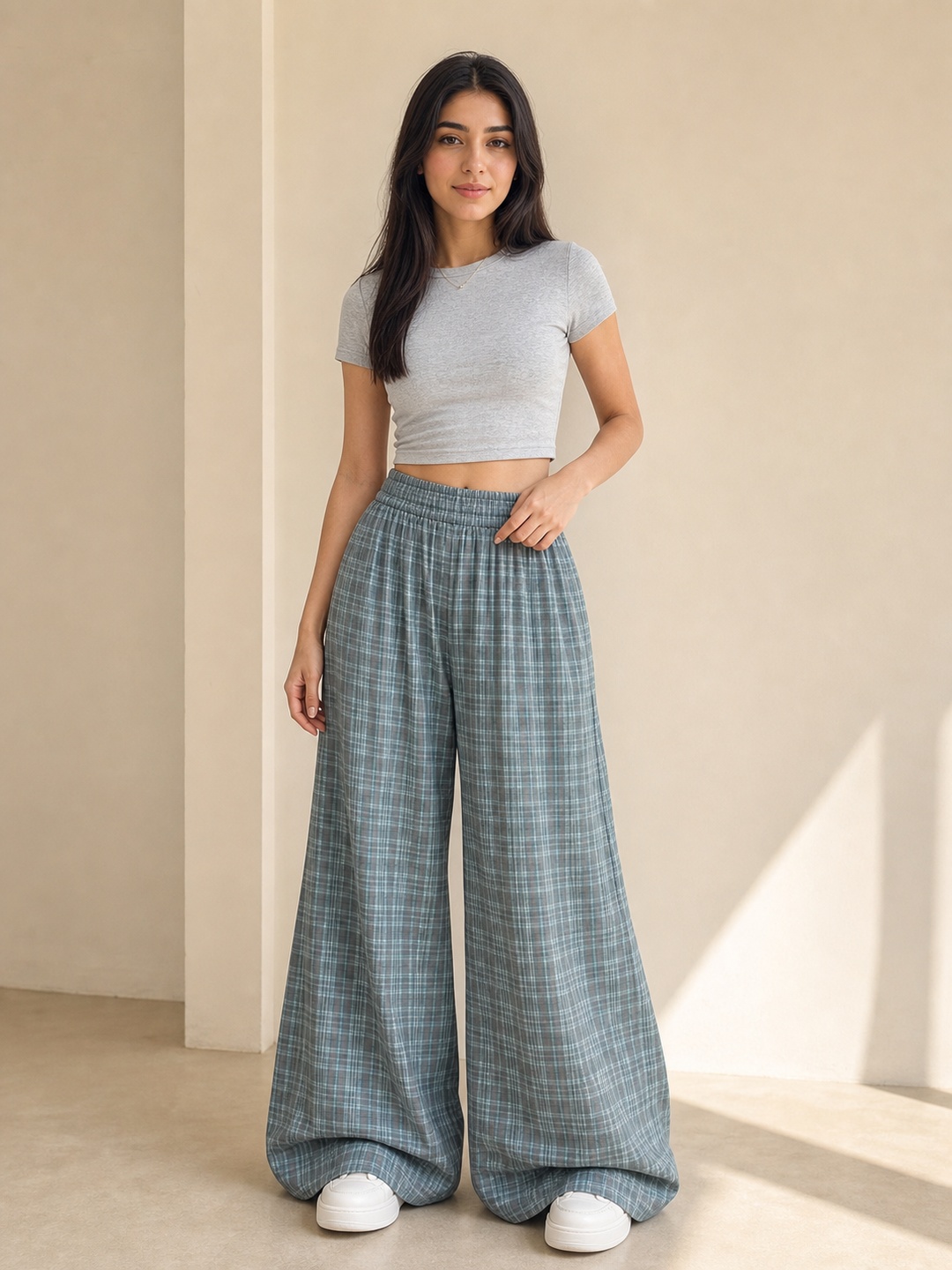 Green Plaid Wide-Leg Trousers
