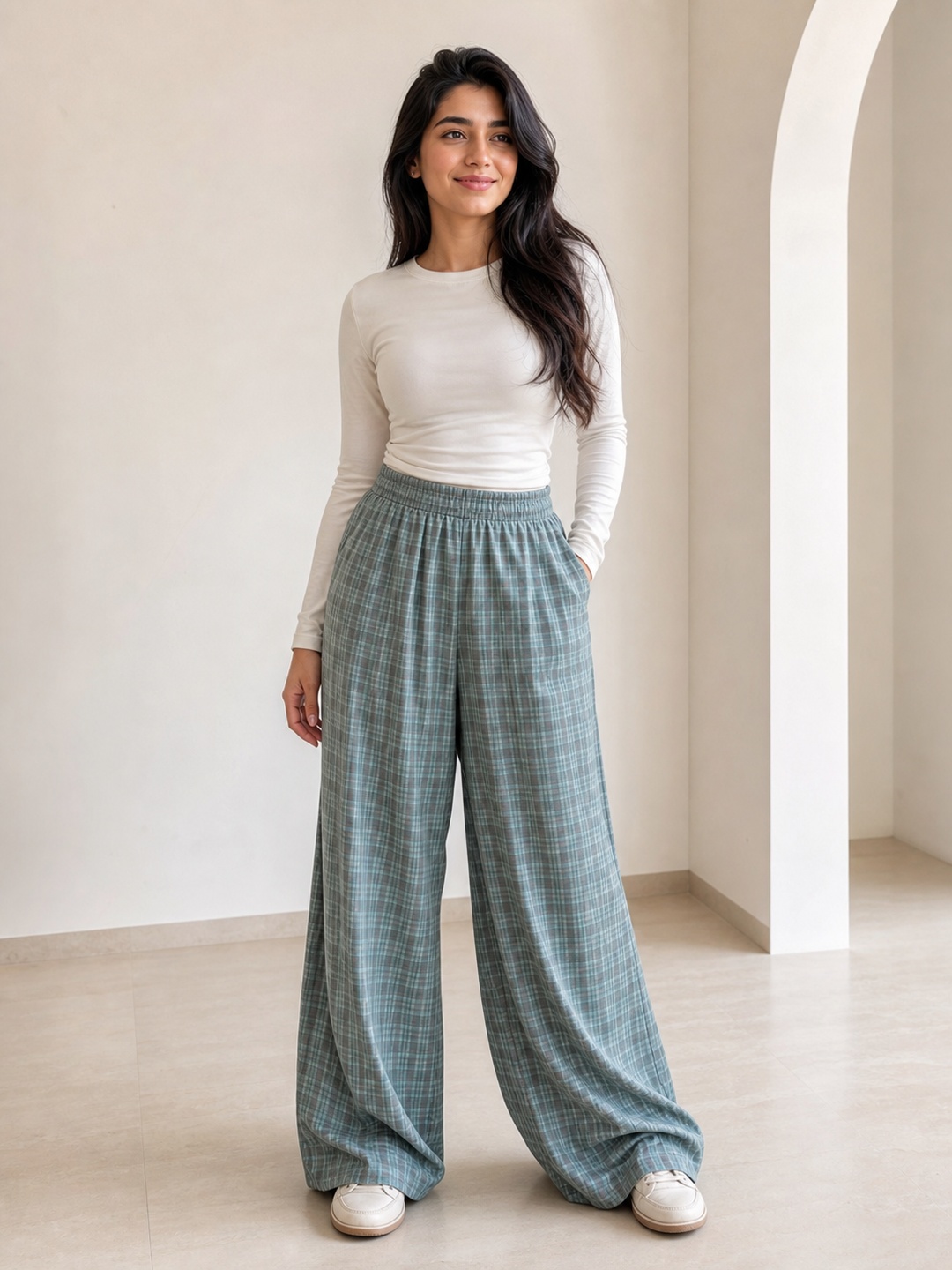 Green Plaid Wide-Leg Trousers
