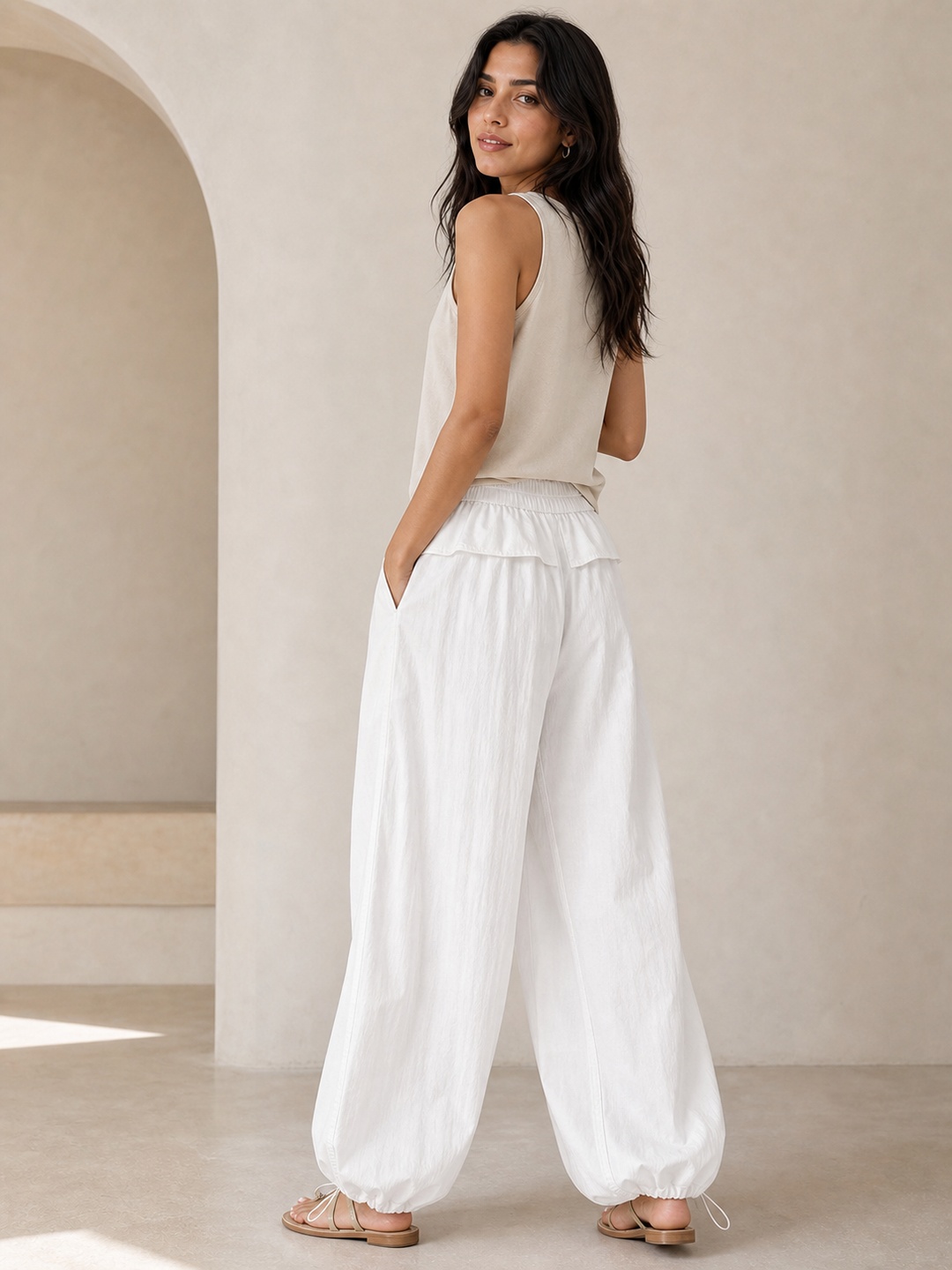 White Loose-Fit Drawstring Balloon Pants 