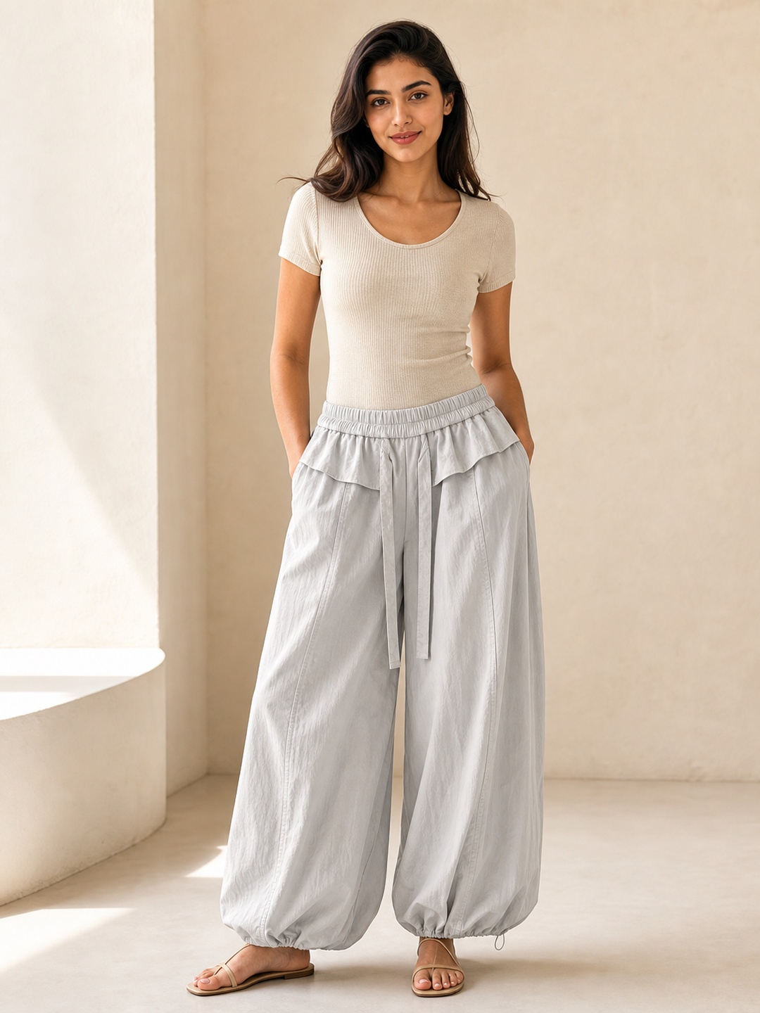 Light Grey Drawstring Harem Pants with Pockets