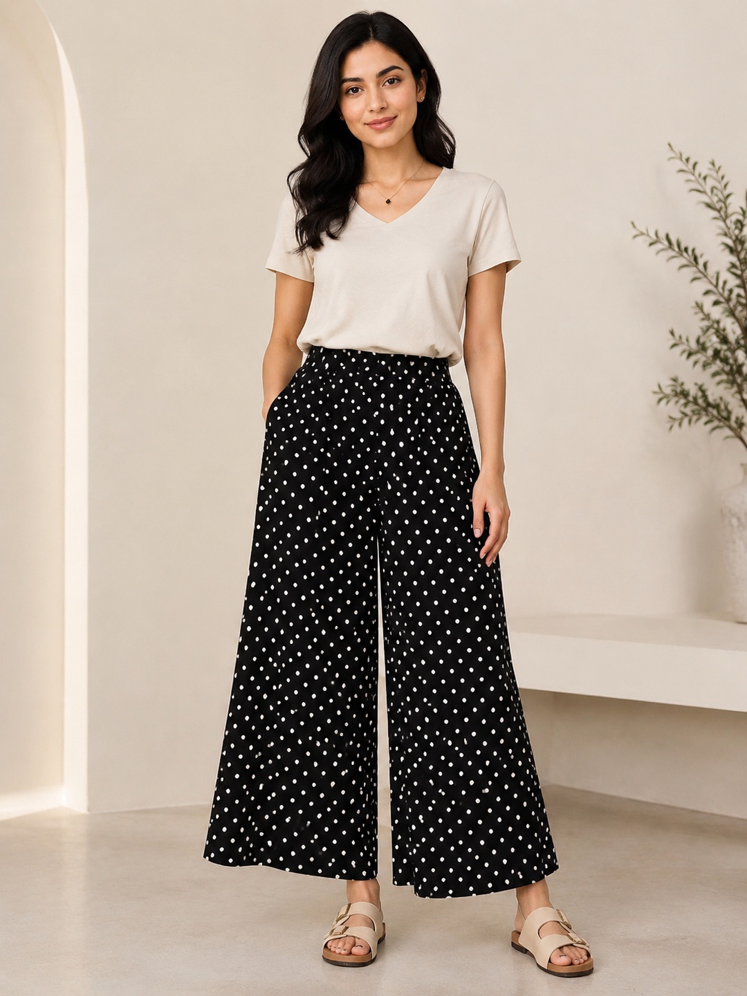 Black Polka Dot Wide-Leg Pants