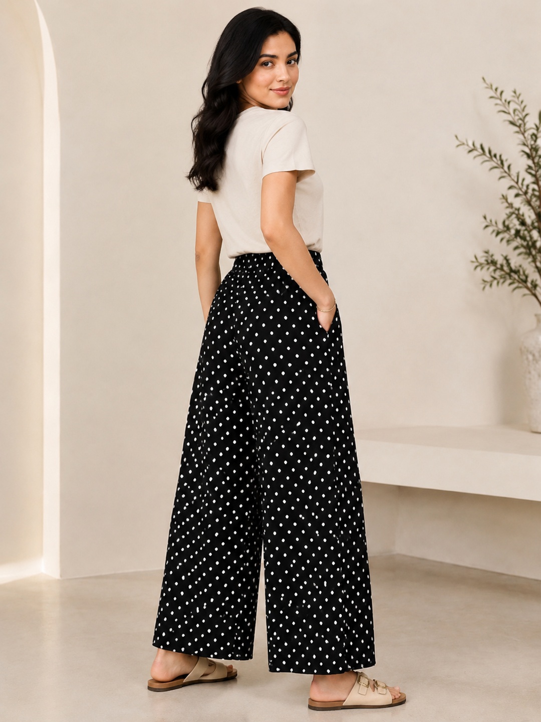 Black Polka Dot Wide-Leg Pants