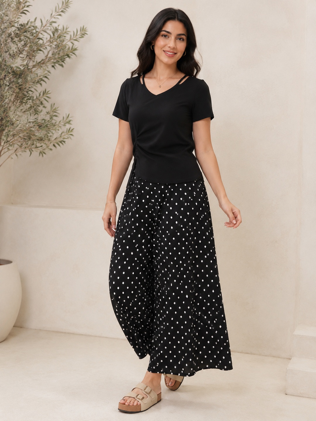 Black Polka Dot Wide-Leg Pants