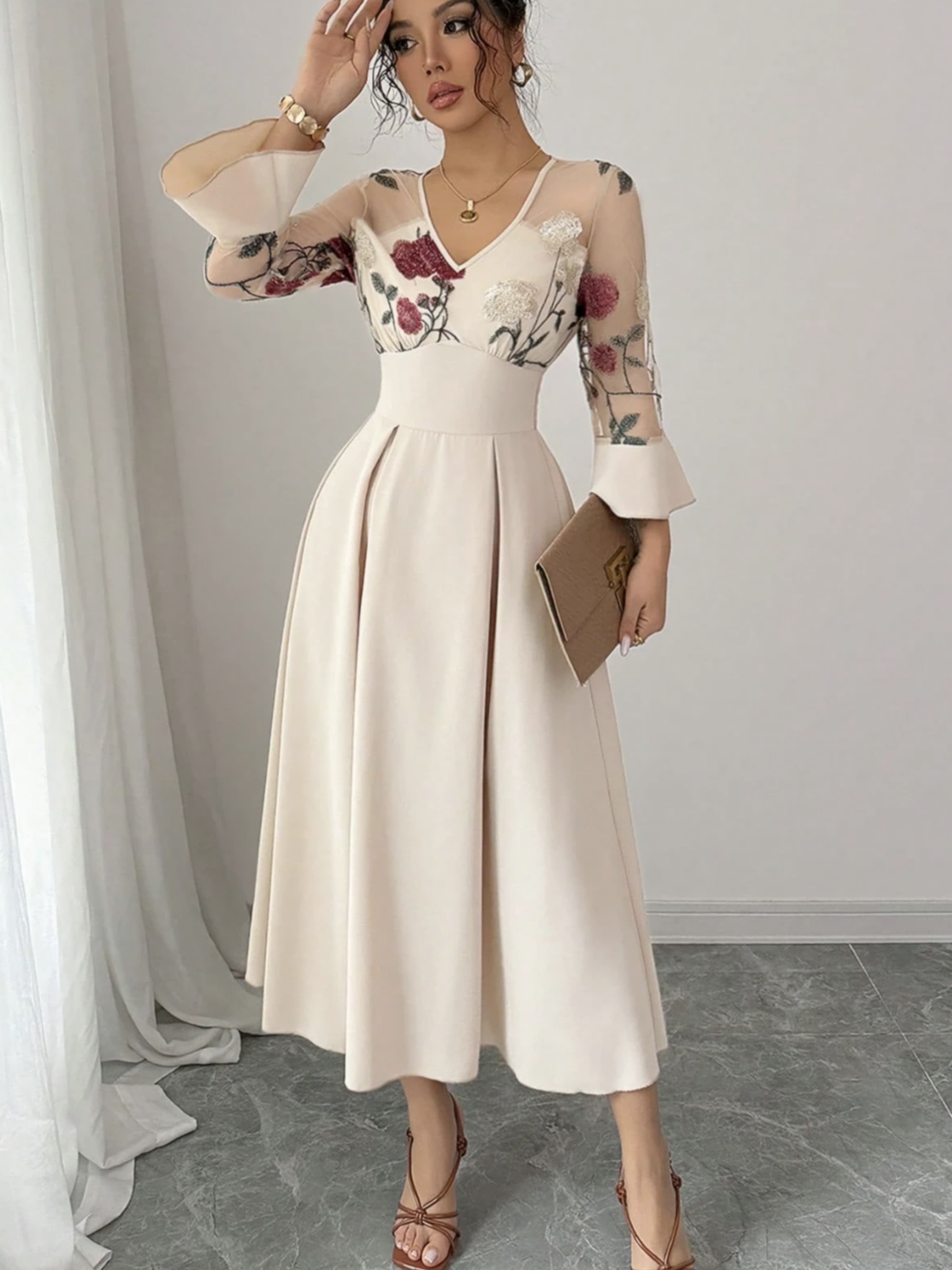 Cream V Neck Mesh Floral Embroidery Flare Sleeve Dress