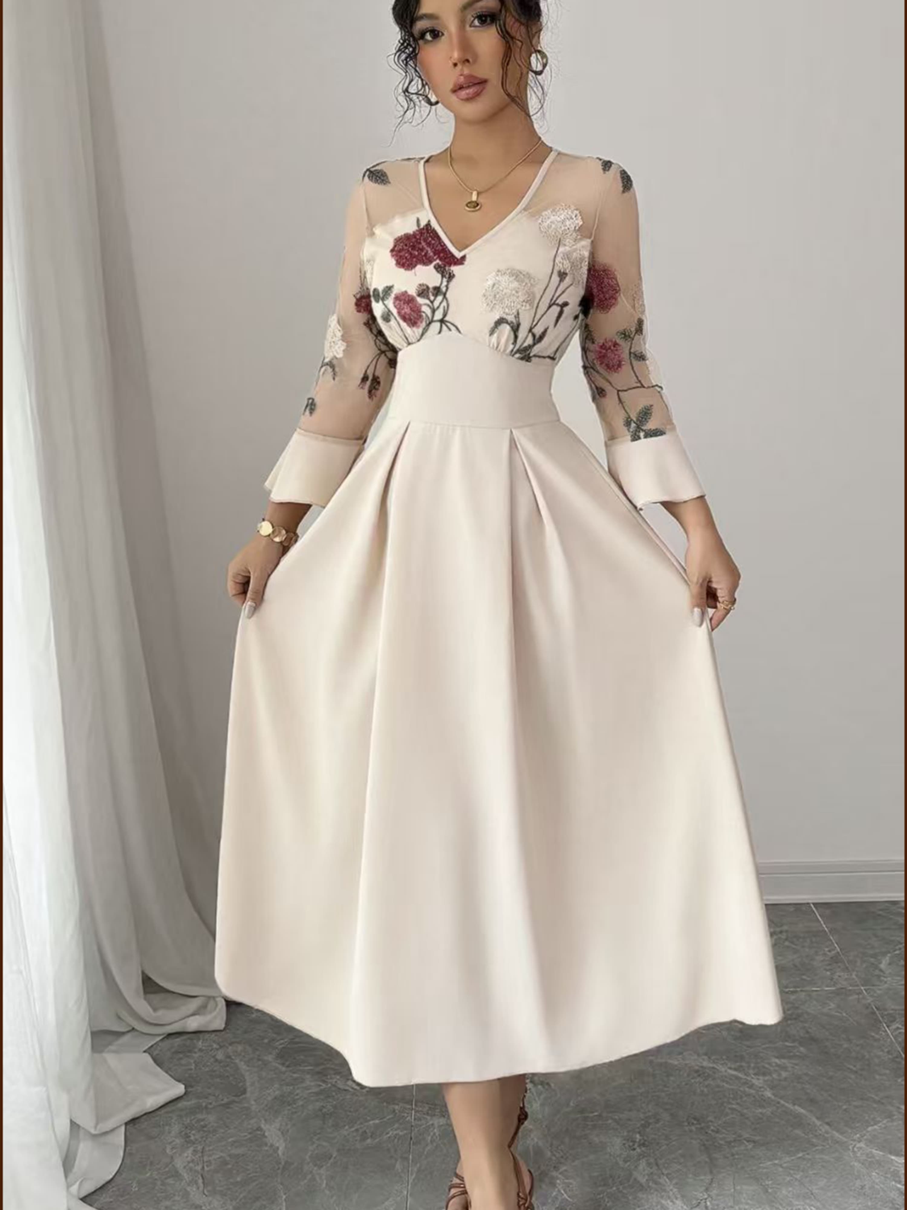 Cream V Neck Mesh Floral Embroidery Flare Sleeve Dress
