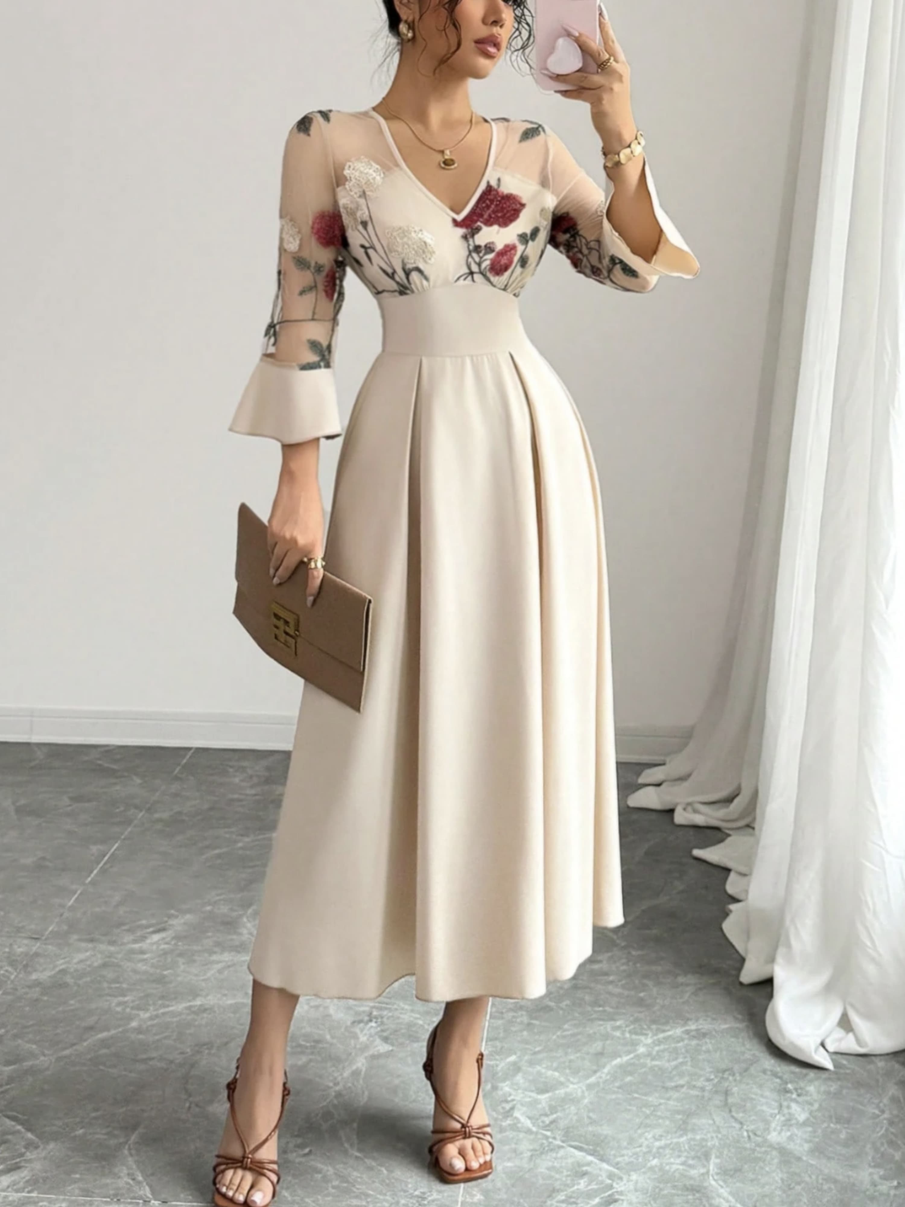 Cream V Neck Mesh Floral Embroidery Flare Sleeve Dress