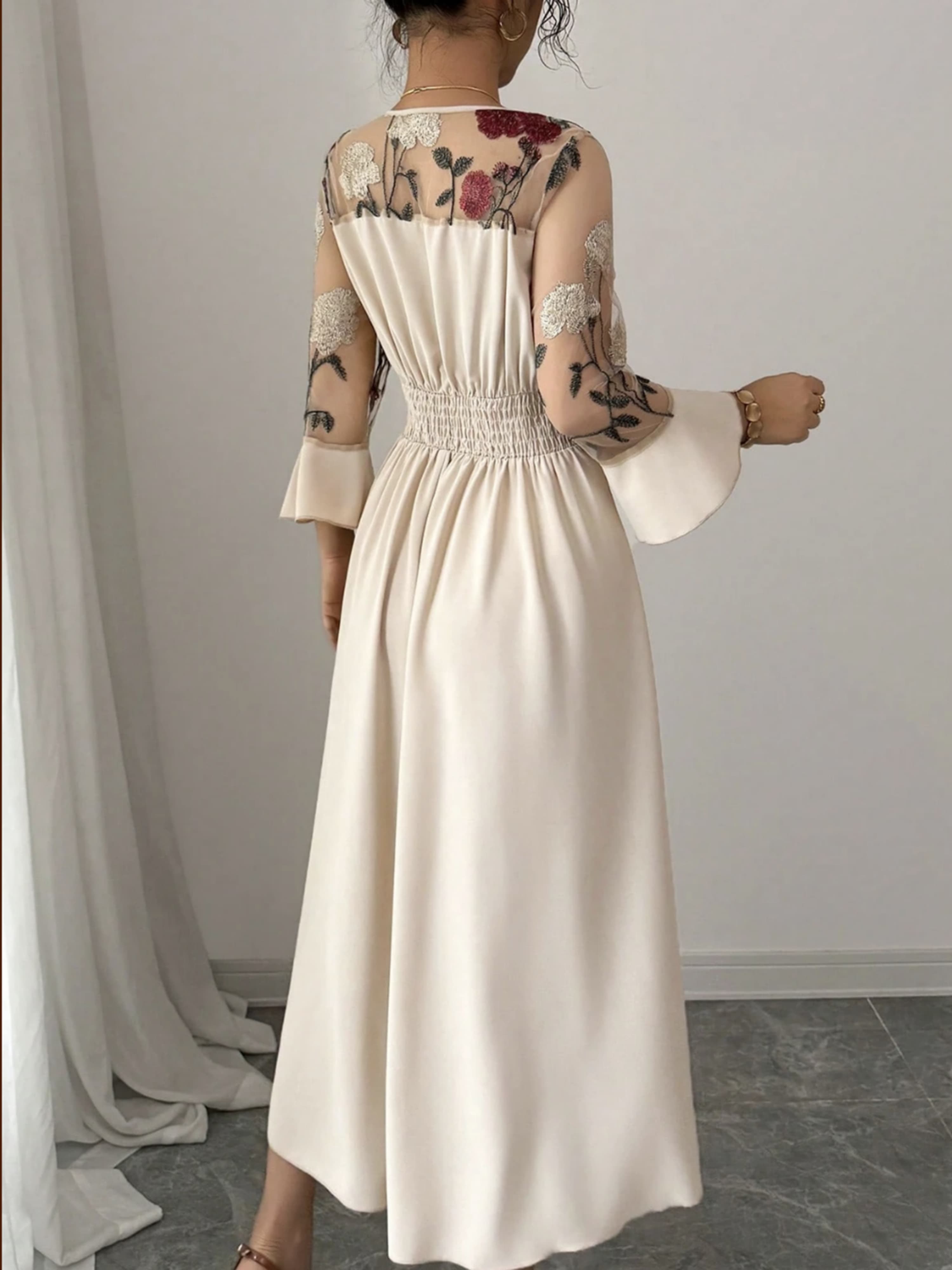 Cream V Neck Mesh Floral Embroidery Flare Sleeve Dress
