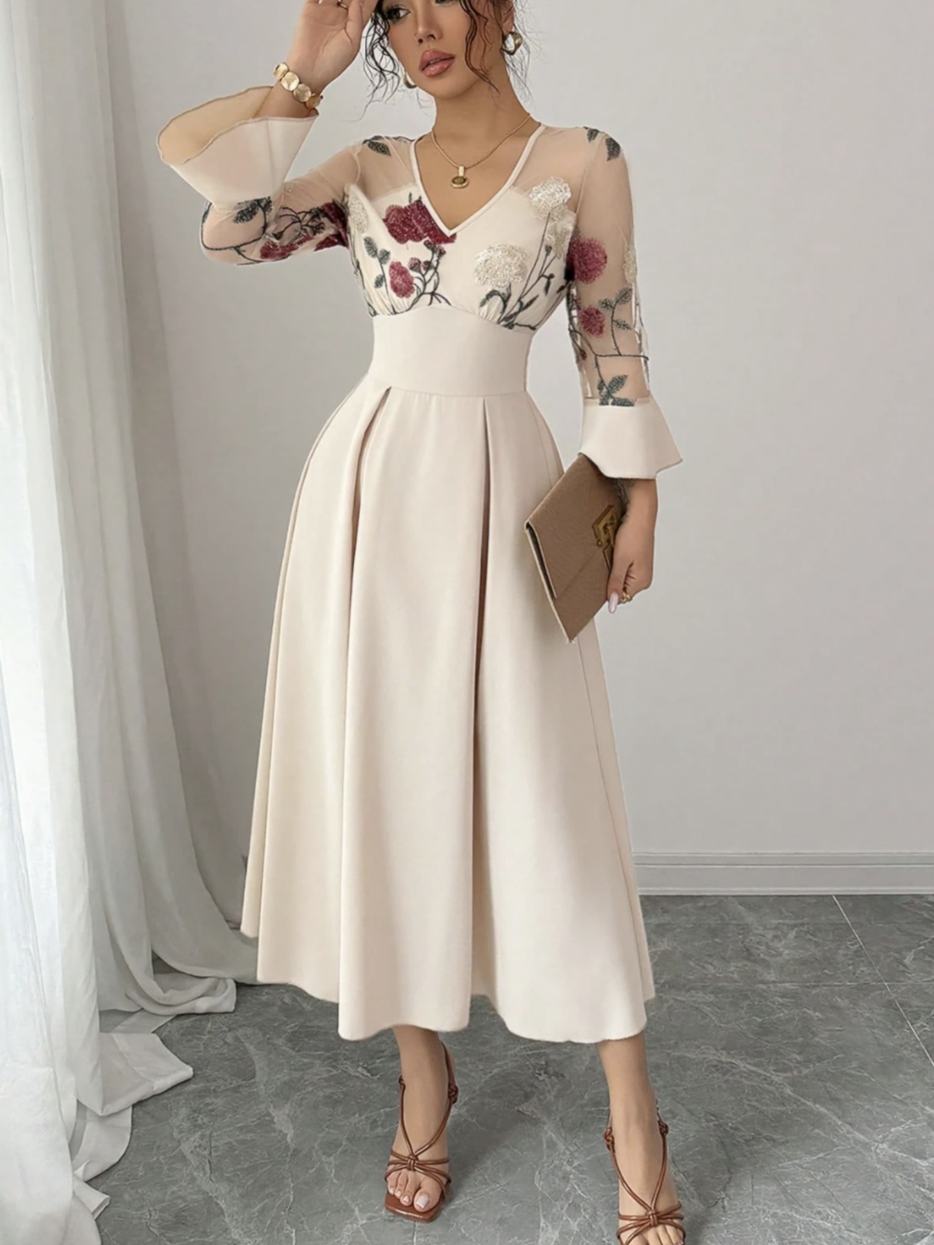 Cream V Neck Mesh Floral Embroidery Flare Sleeve Dress