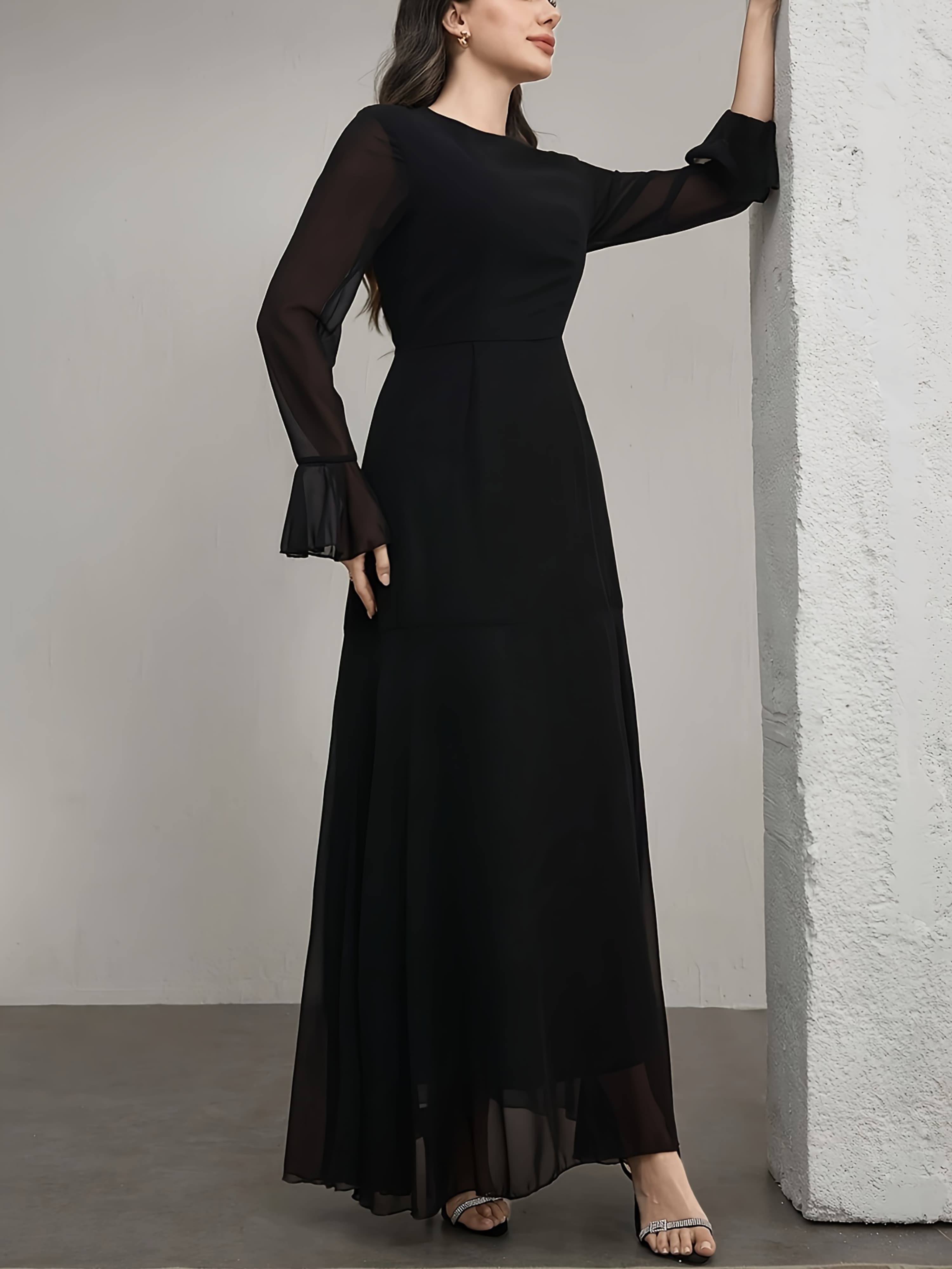 Black A-Line Maxi Dress with Sheer Long Sleeves