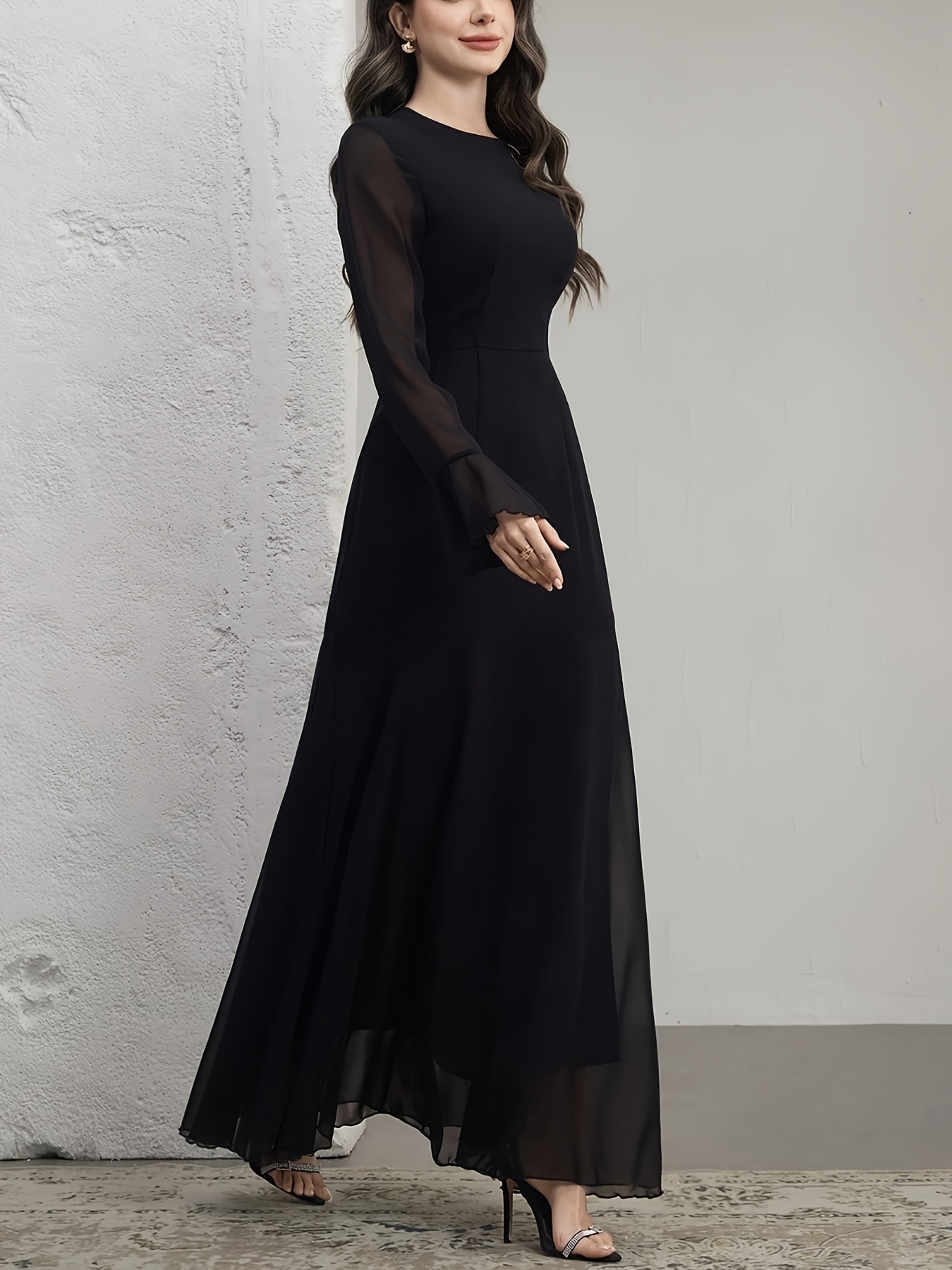 Black A-Line Maxi Dress with Sheer Long Sleeves