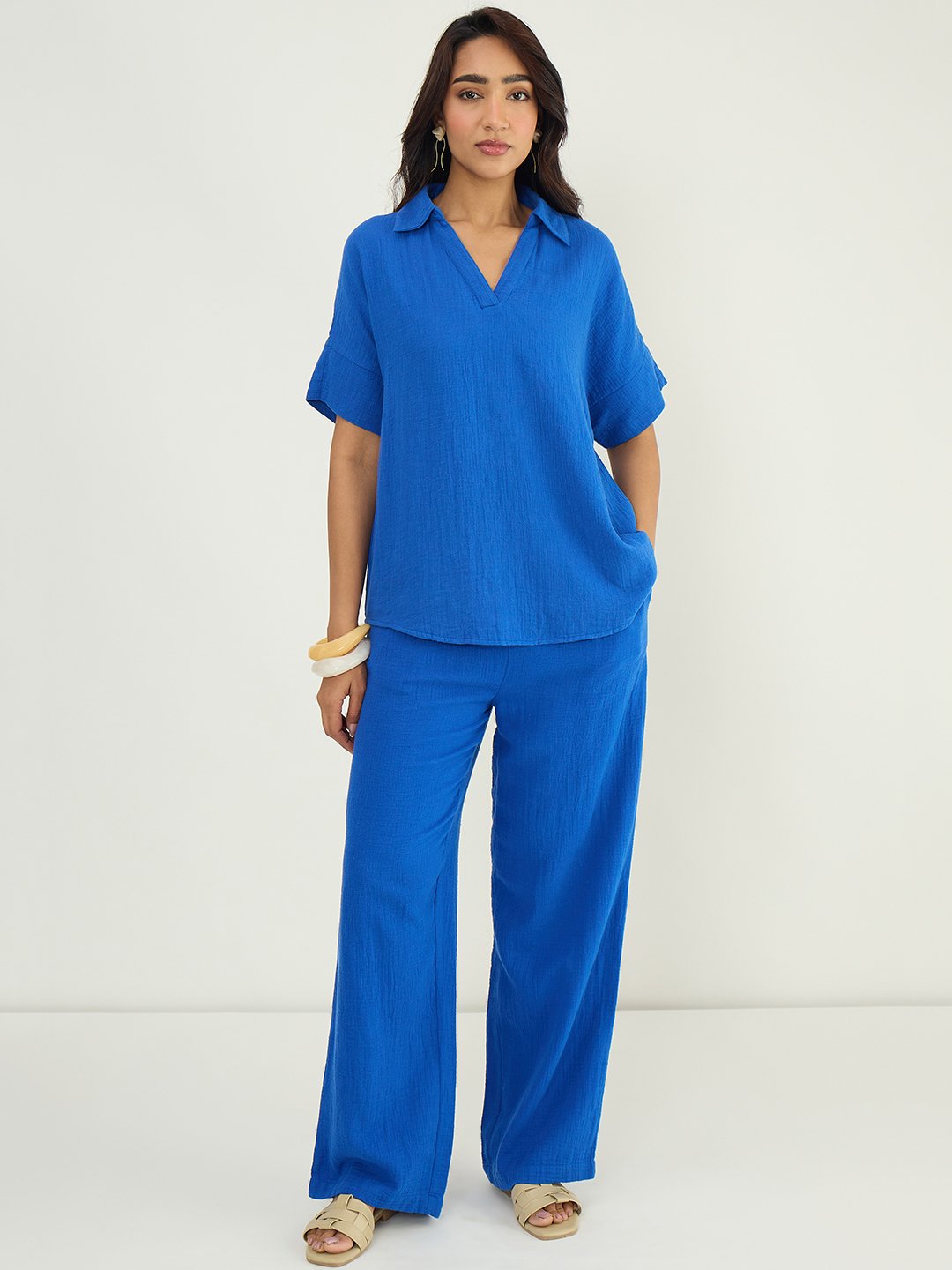 Blue Cotton Gauze Trousers and Collared Top Co-Ord Set
