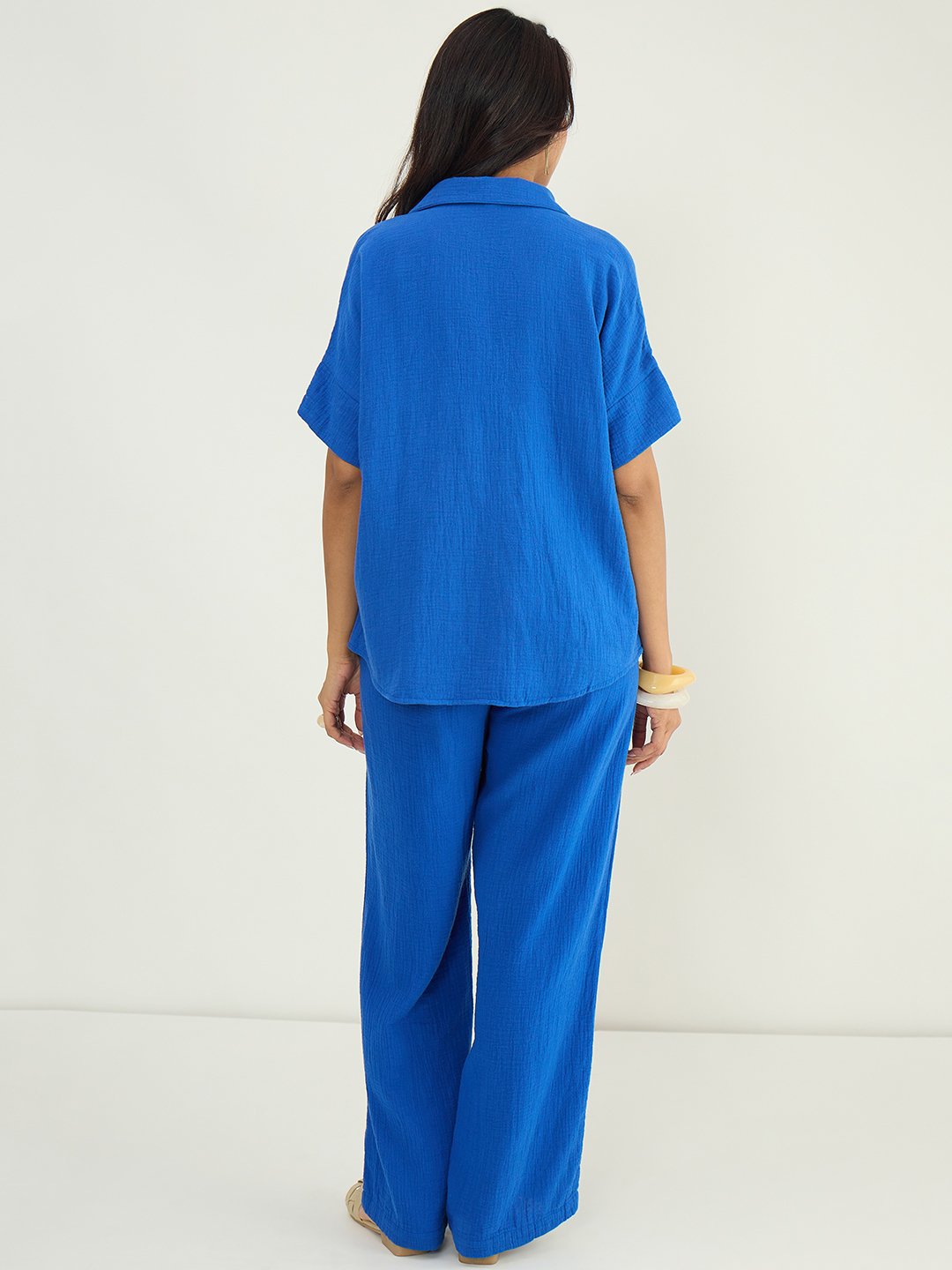 Blue Cotton Gauze Trousers and Collared Top Co-Ord Set