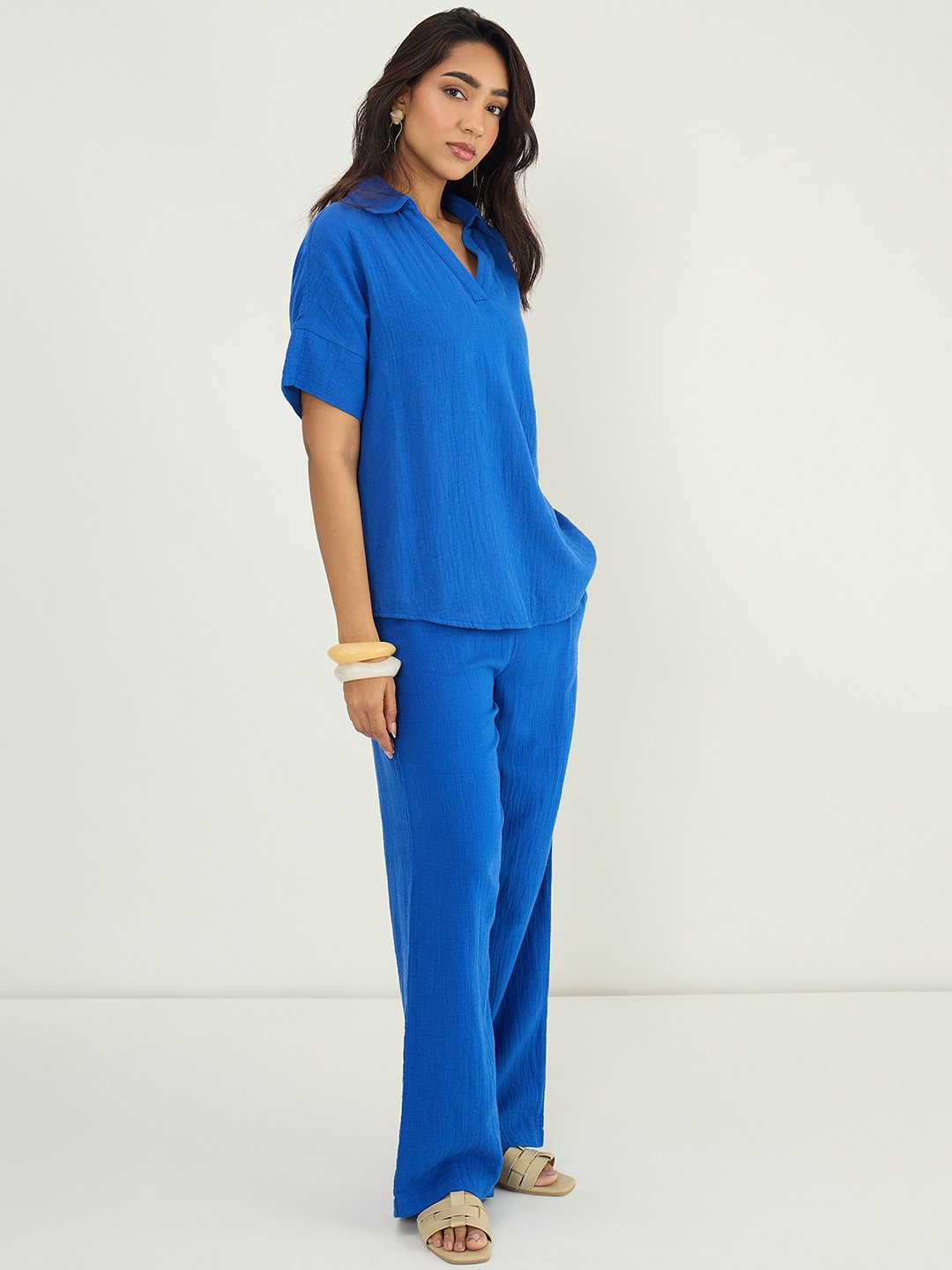 Blue Cotton Gauze Trousers and Collared Top Co-Ord Set