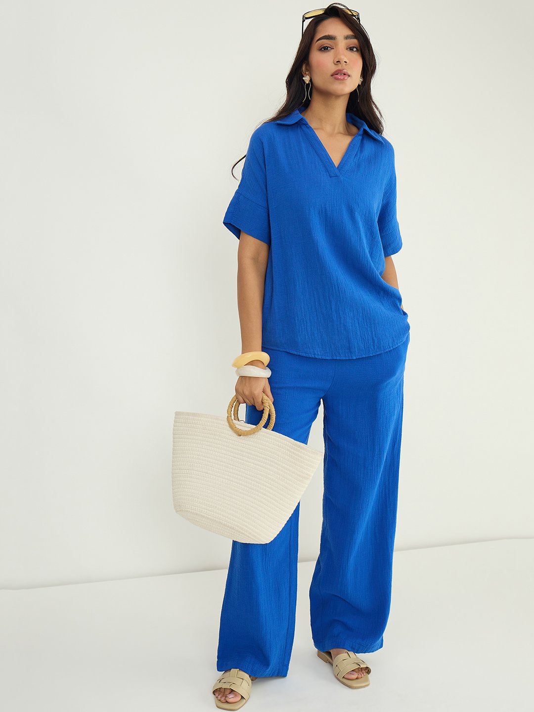 Blue Cotton Gauze Trousers and Collared Top Co-Ord Set