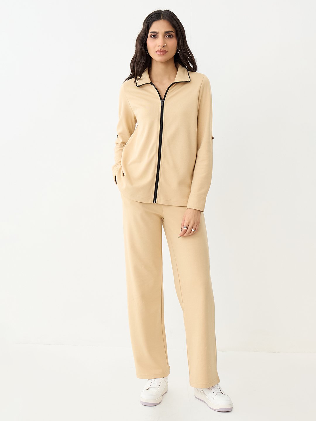 Beige Knit Trousers and Zip Top Co-Ord Set