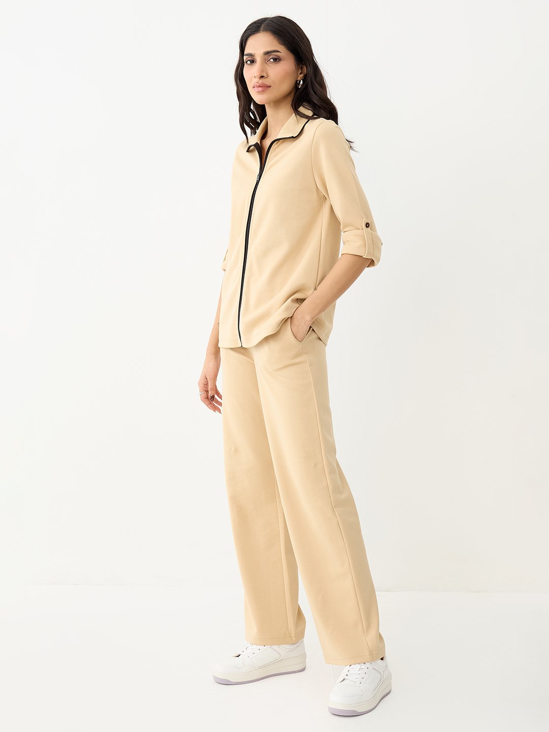 Beige Knit Trousers and Zip Top Co-Ord Set