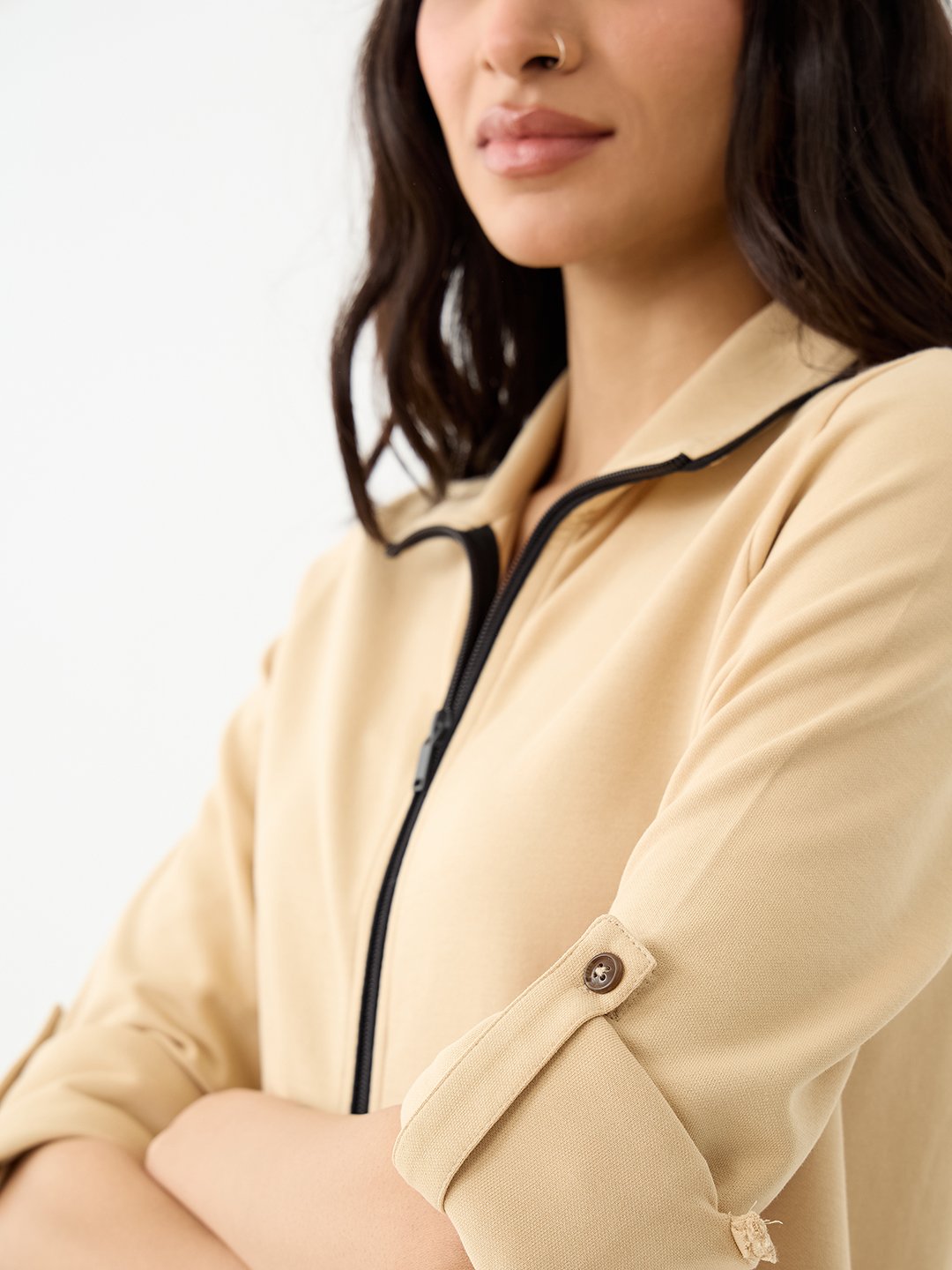 Beige Knit Trousers and Zip Top Co-Ord Set