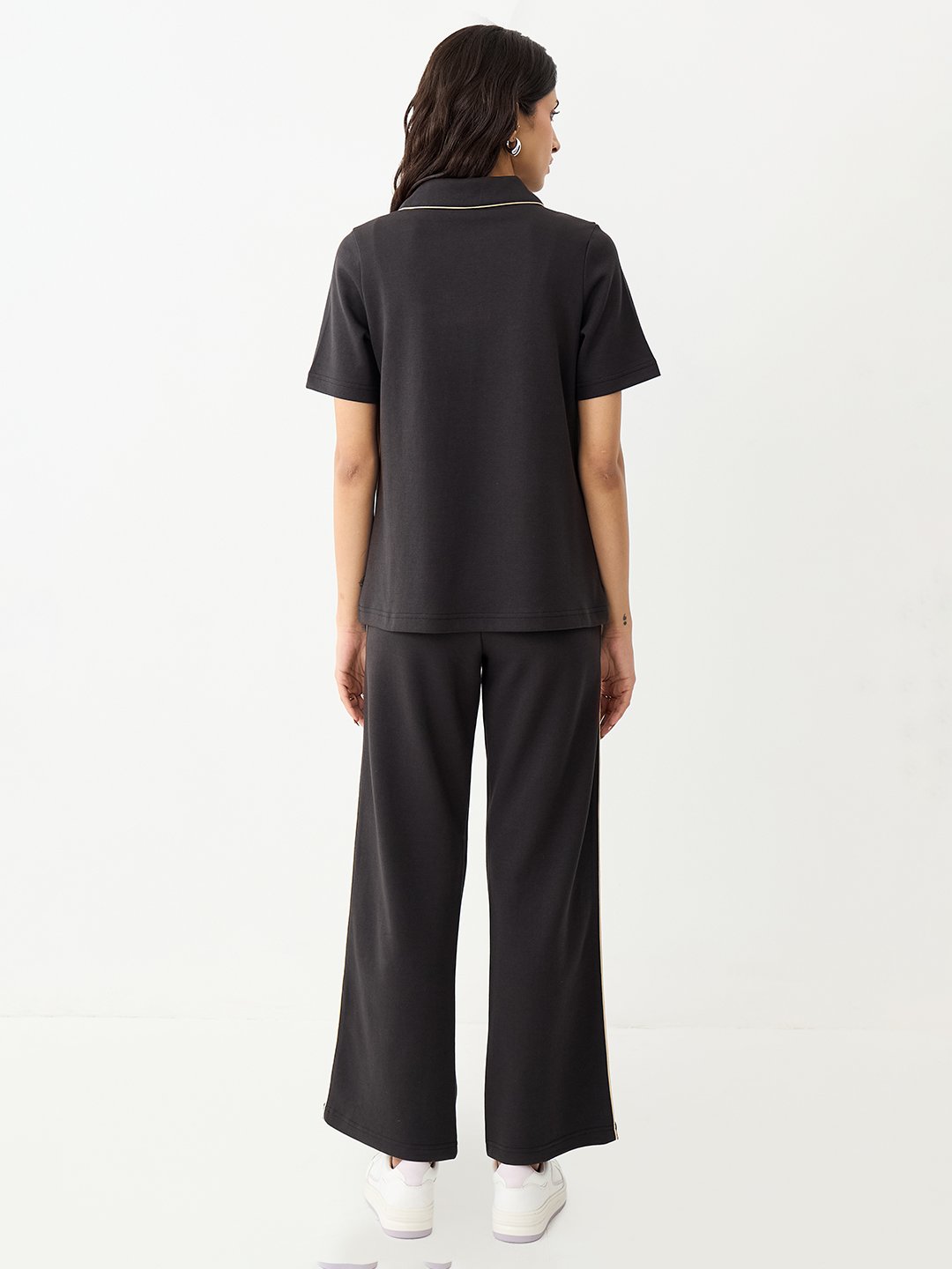 Black Knit Polo Top and Wide-Leg Trousers Co-Ord Set