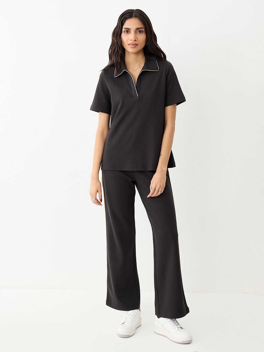 Black Knit Polo Top and Wide-Leg Trousers Co-Ord Set