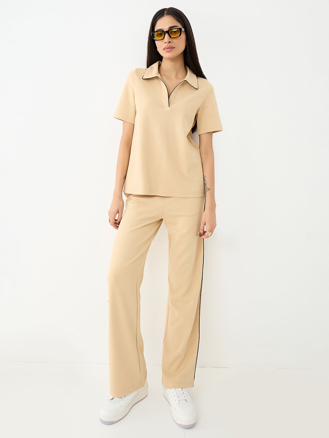 Womens Beige Trousers and Polo Top Co-Ord Set