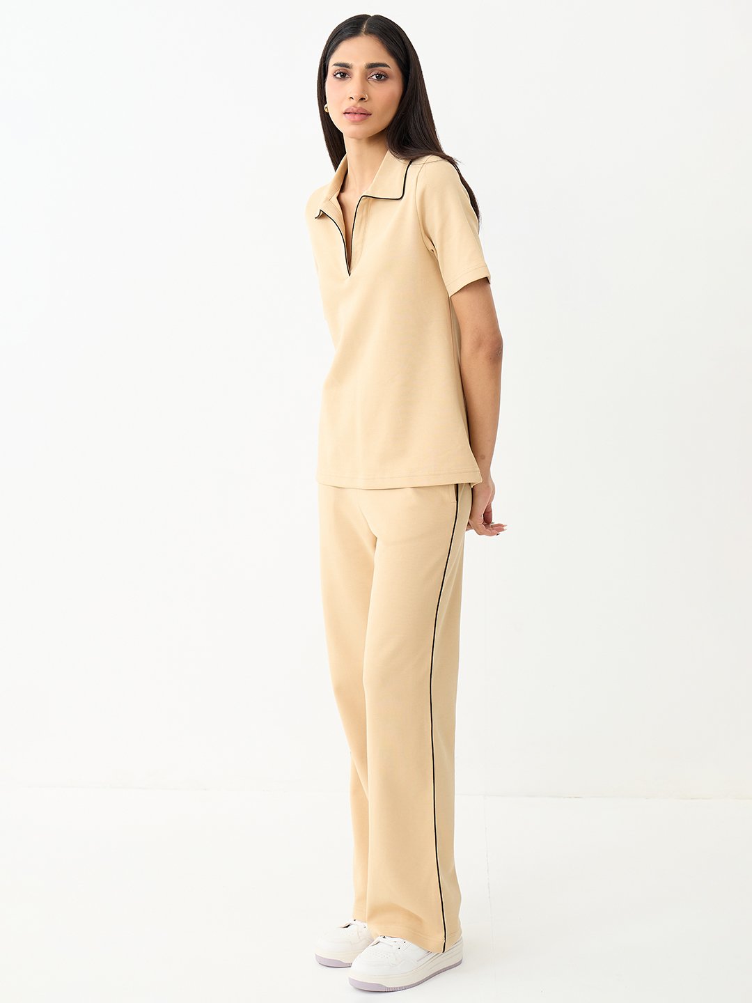 Womens Beige Trousers and Polo Top Co-Ord Set