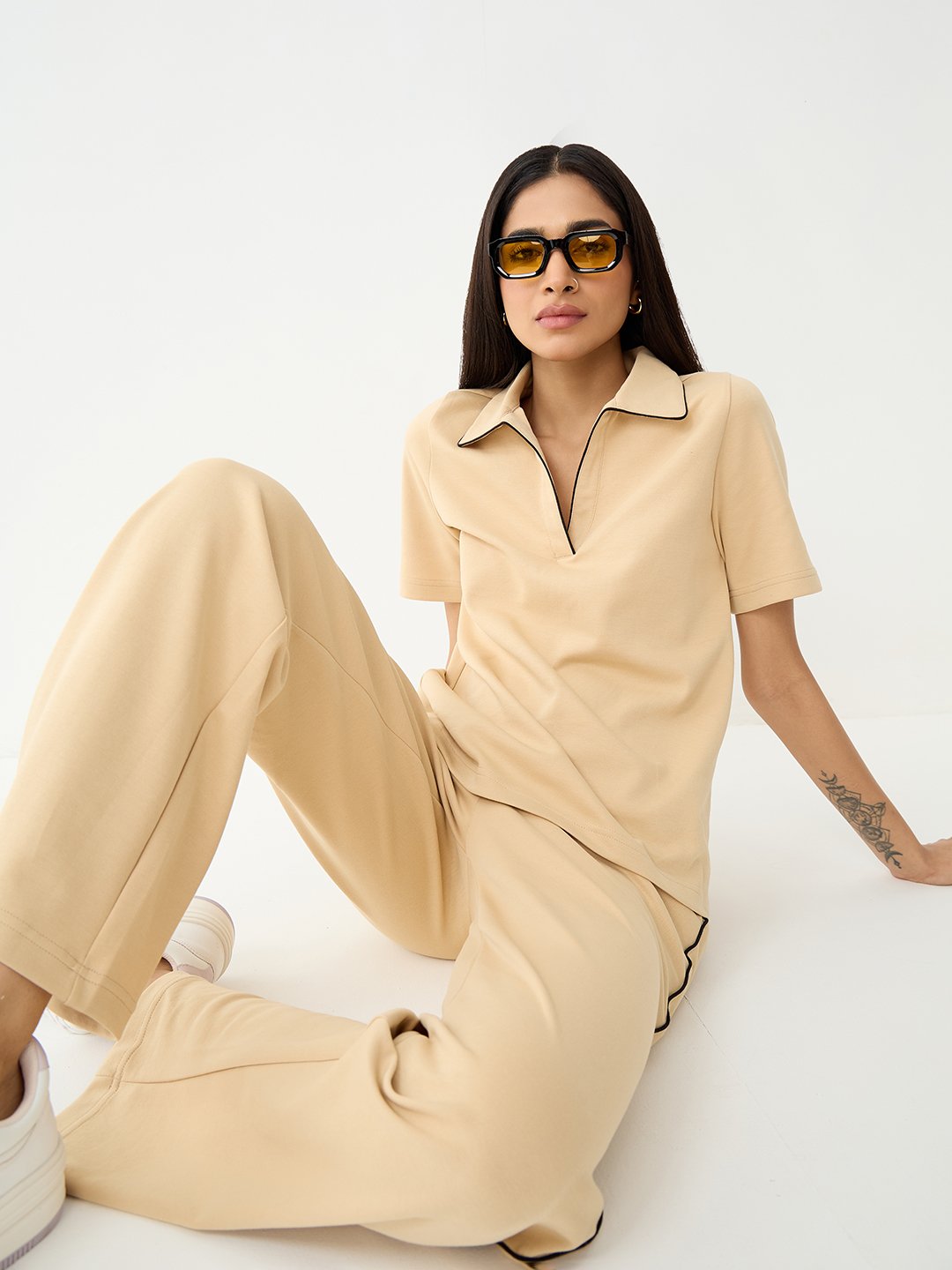 Womens Beige Trousers and Polo Top Co-Ord Set