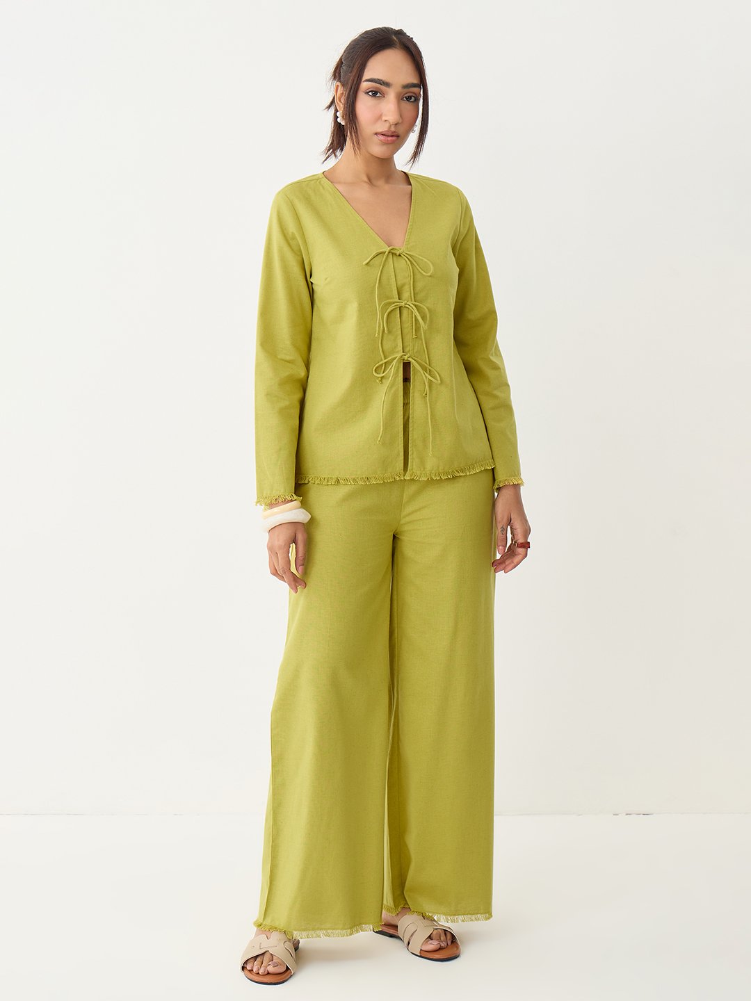 Citrine Green Frayed Edge Tie-Up Linen Co-Ord                                                