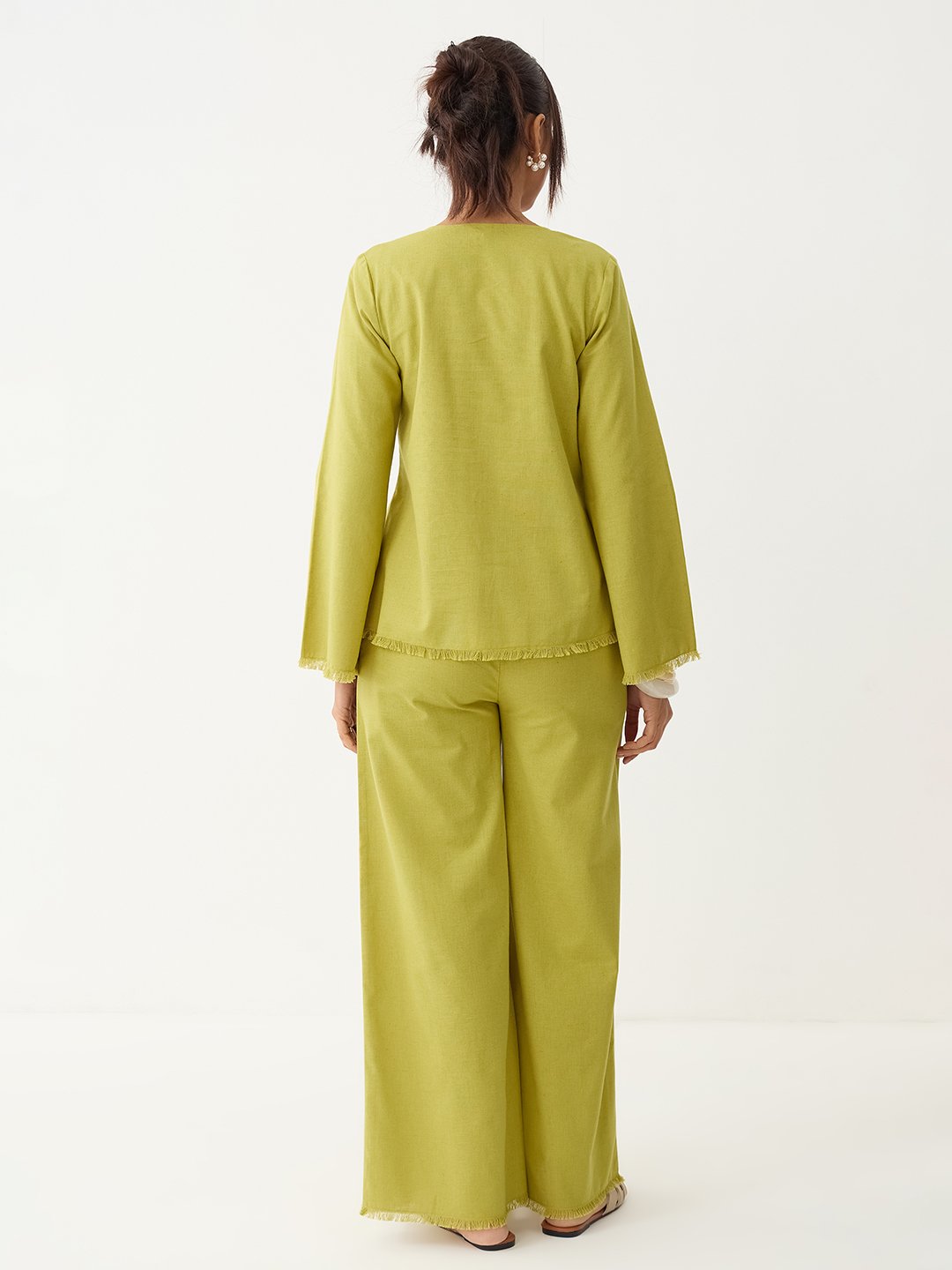 Citrine Green Frayed Edge Tie-Up Linen Co-Ord                                                