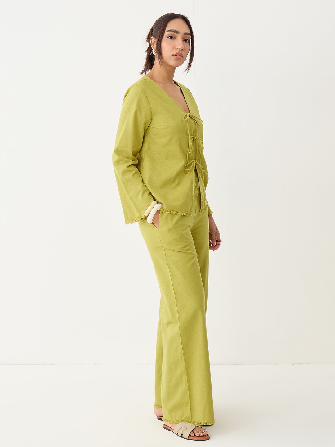 Citrine Green Frayed Edge Tie-Up Linen Co-Ord                                                