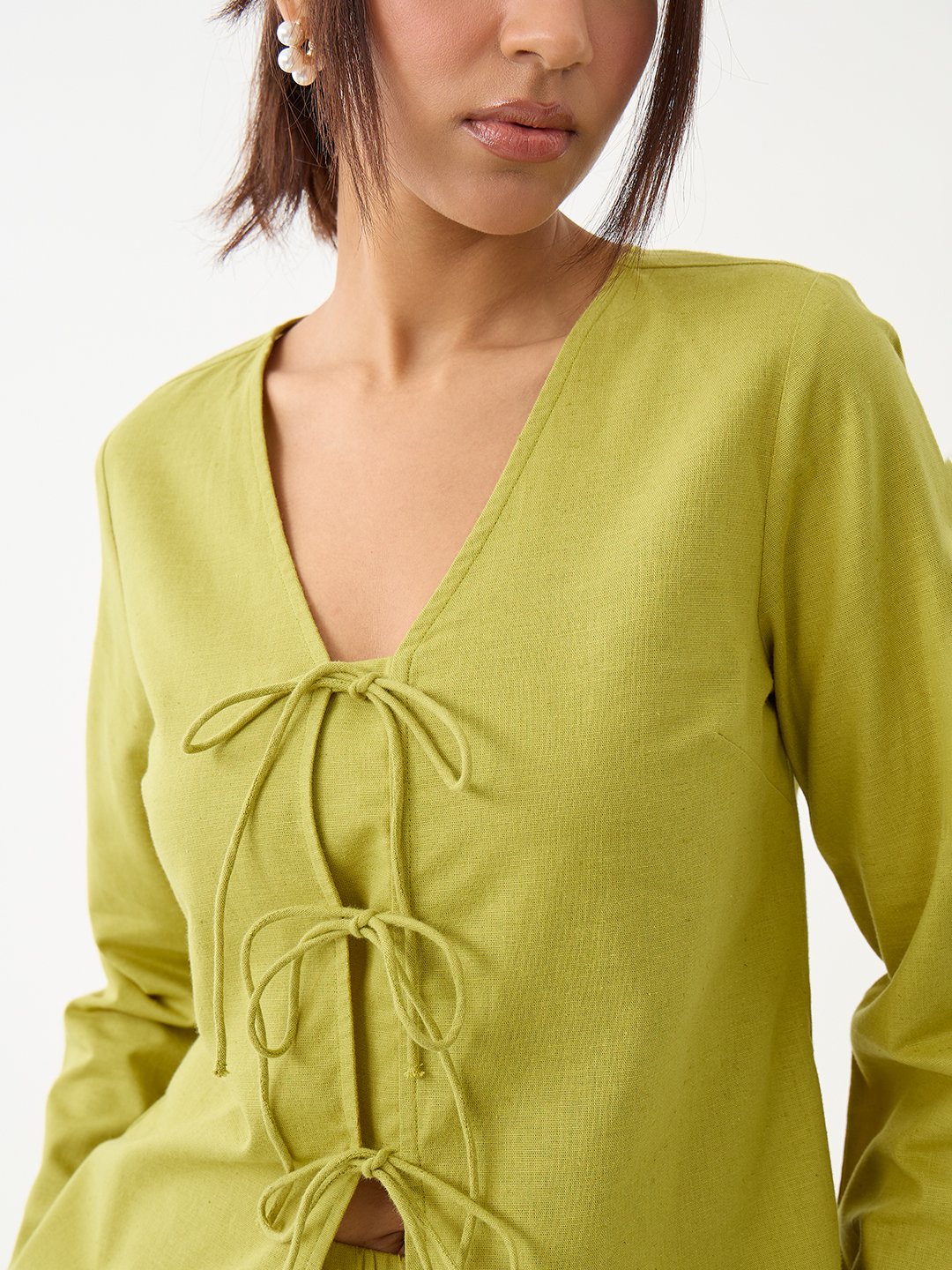 Citrine Green Frayed Edge Tie-Up Linen Co-Ord                                                