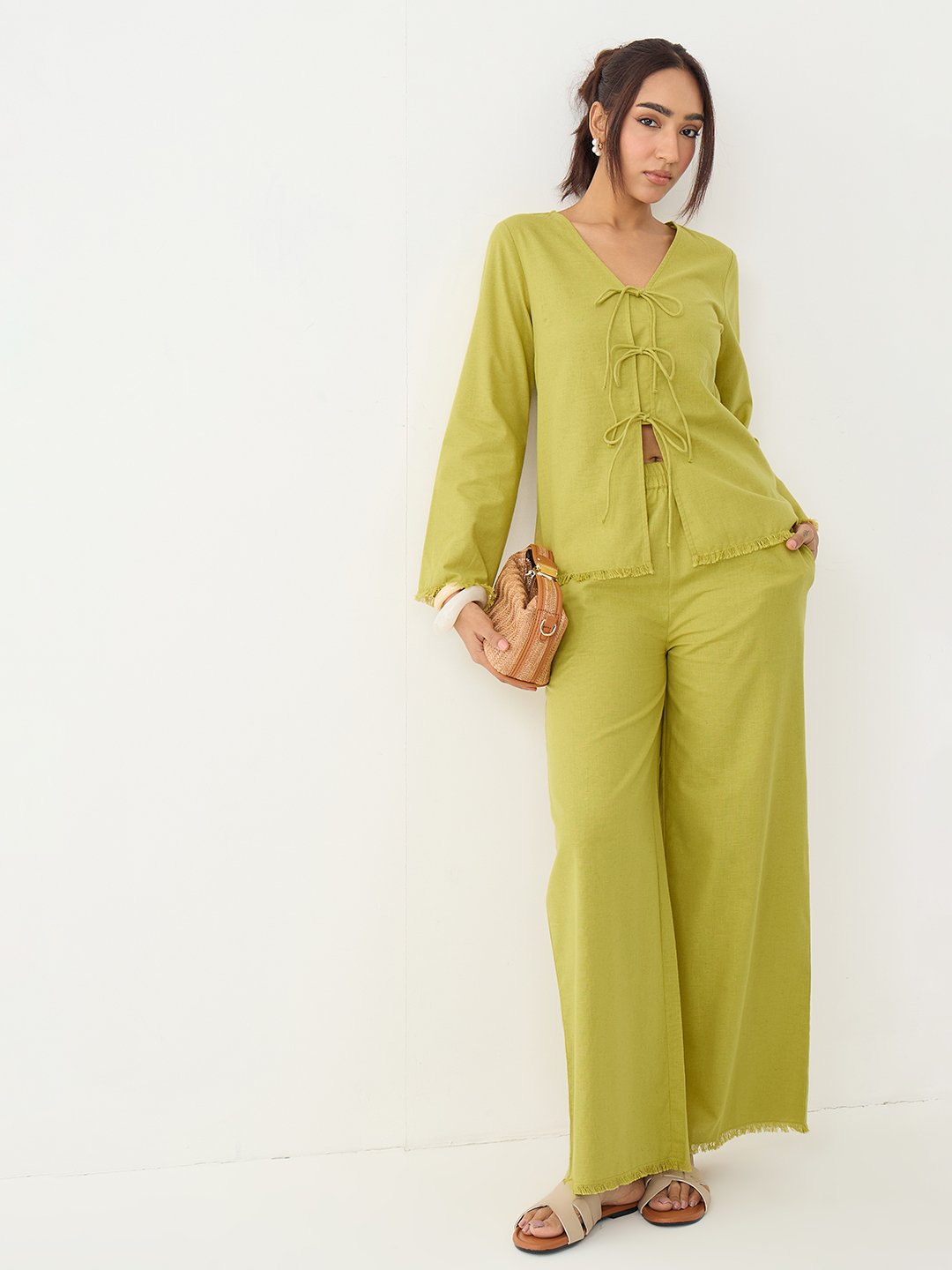 Citrine Green Frayed Edge Tie-Up Linen Co-Ord                                                