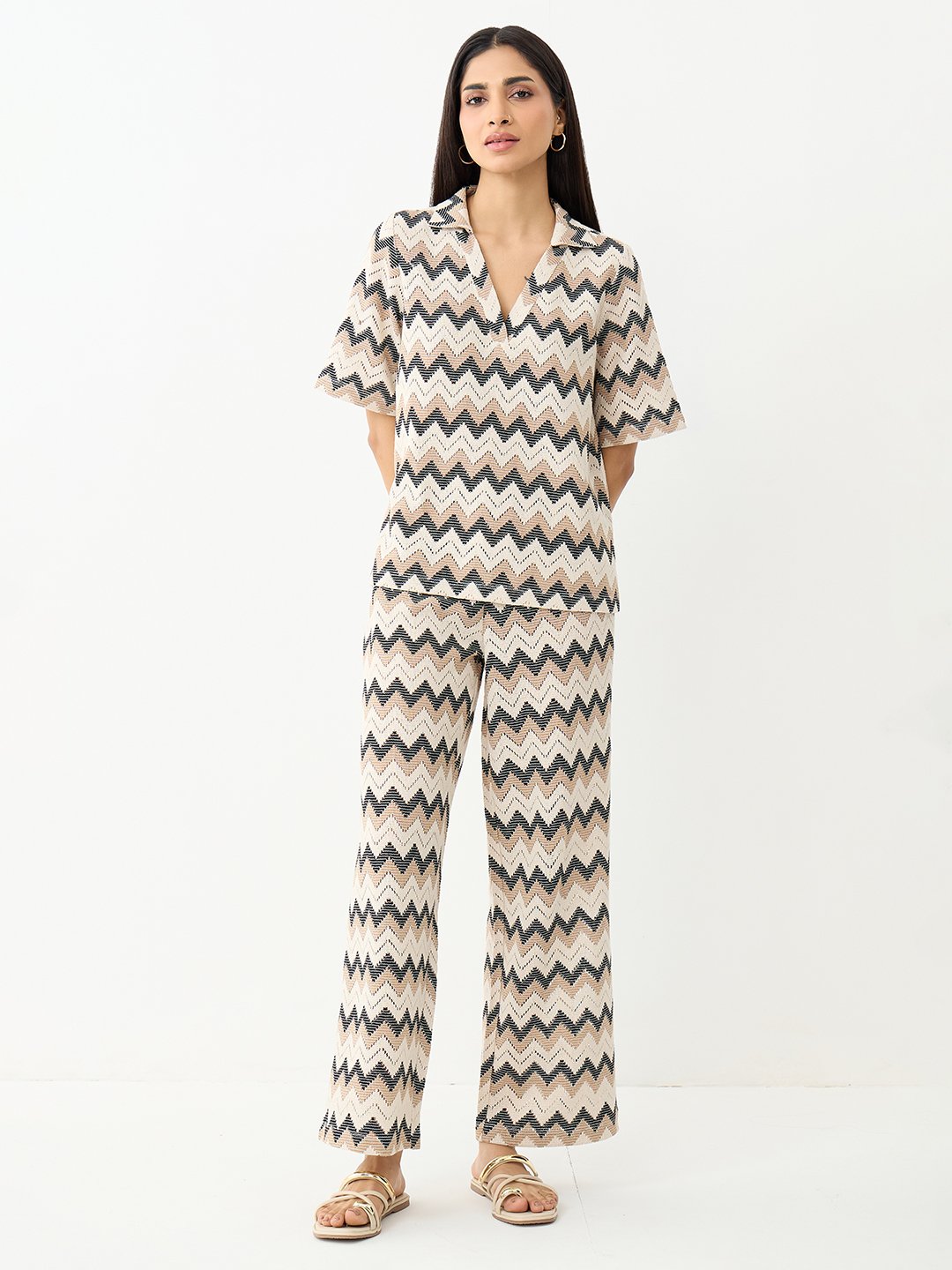 Beige Chevron Knit Trousers and Top Co-Ord Set