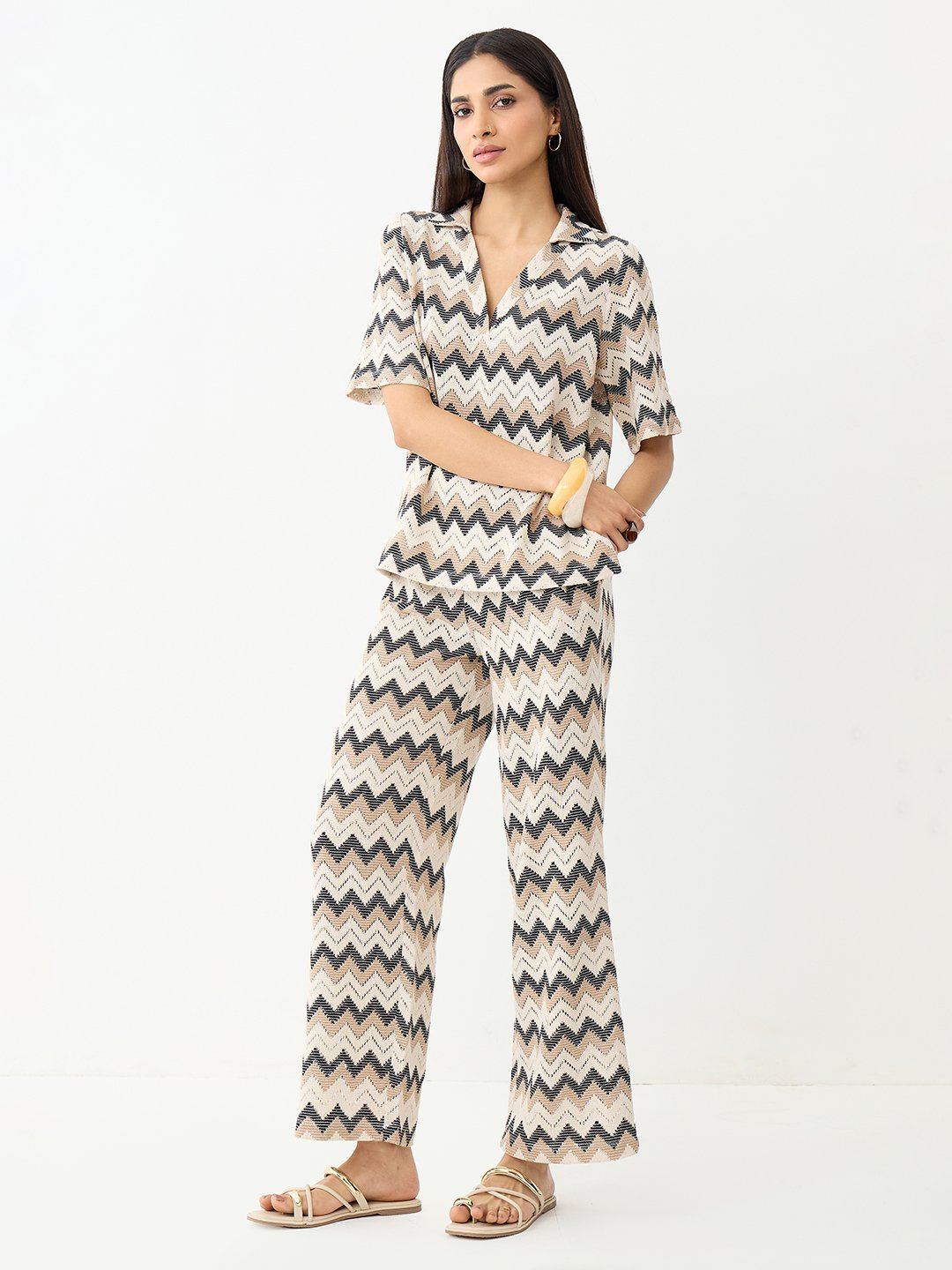 Beige Chevron Knit Trousers and Top Co-Ord Set