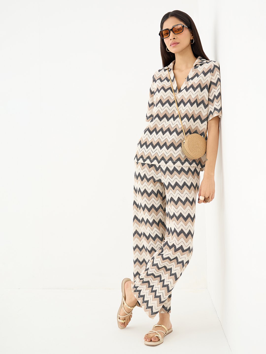 Beige Chevron Knit Trousers and Top Co-Ord Set