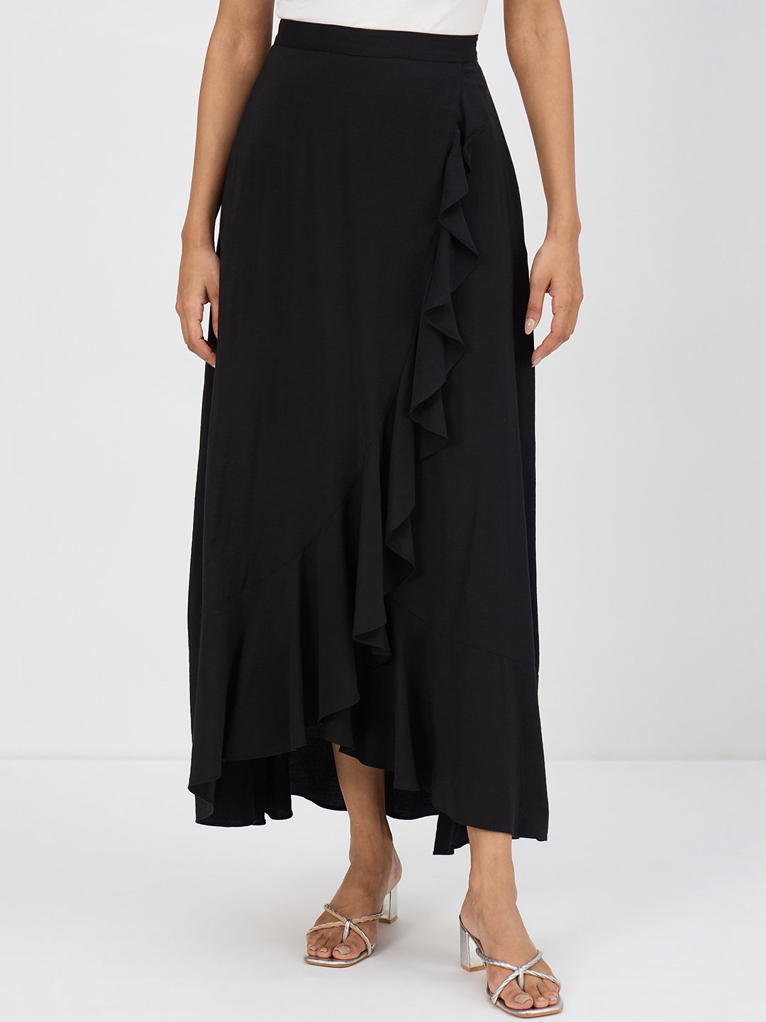 Black A-Line Ankle Length Ruffle Maxi Skirt